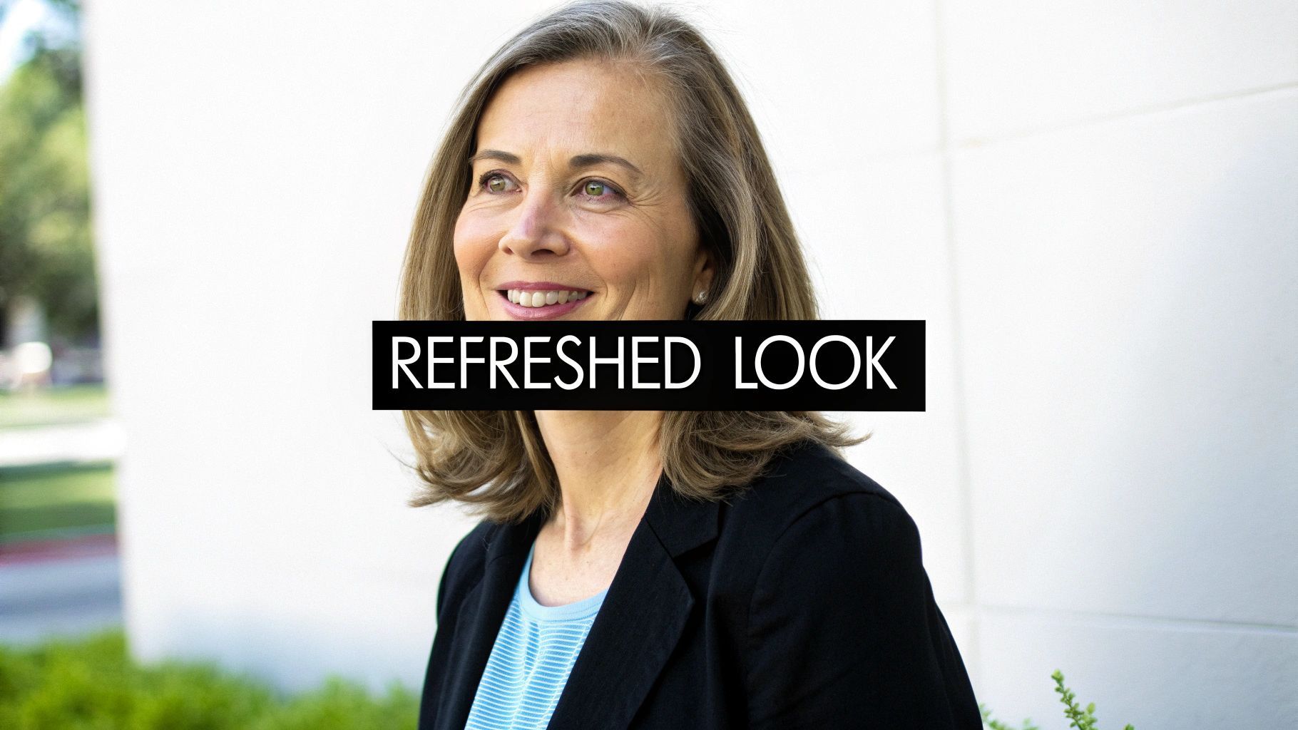 A cheerful middle-aged woman with graying hair and a black blazer smiles warmly outdoors.