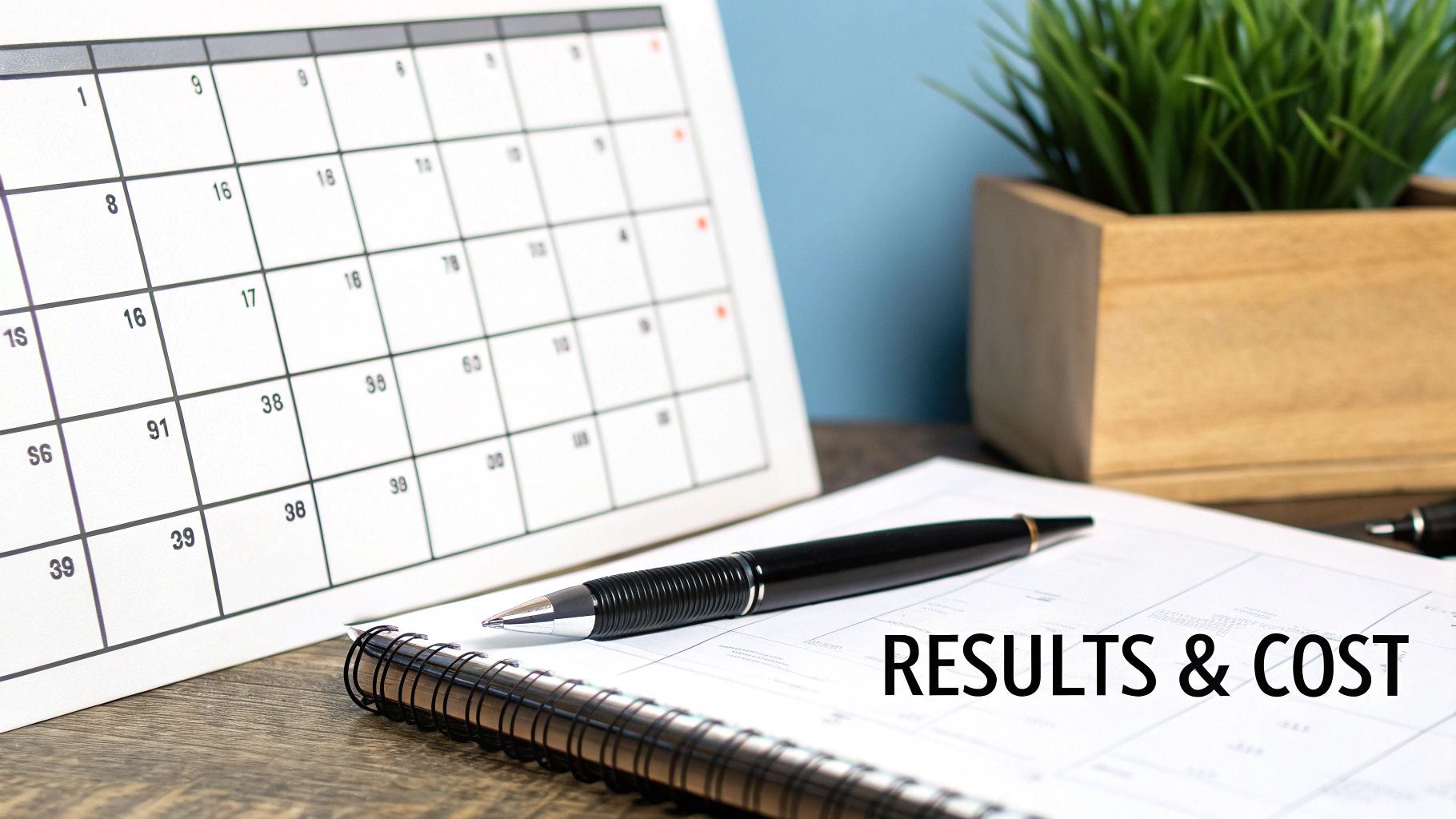 A desk setup featuring a calendar, pen, notebook, and text 'RESULTS &amp; COST' on a paper.