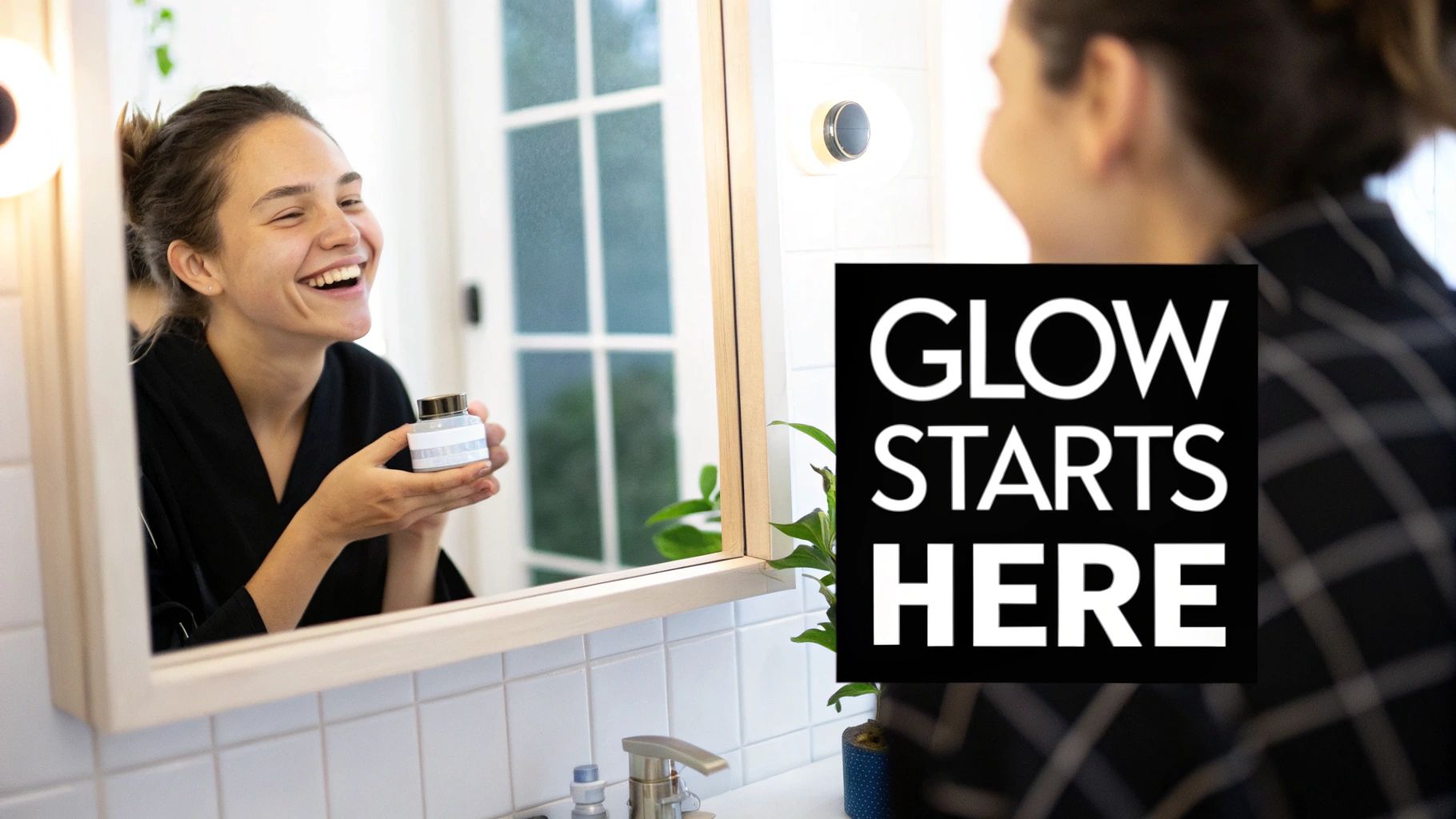 A woman applying a skincare product to her face with a gentle, focused expression.