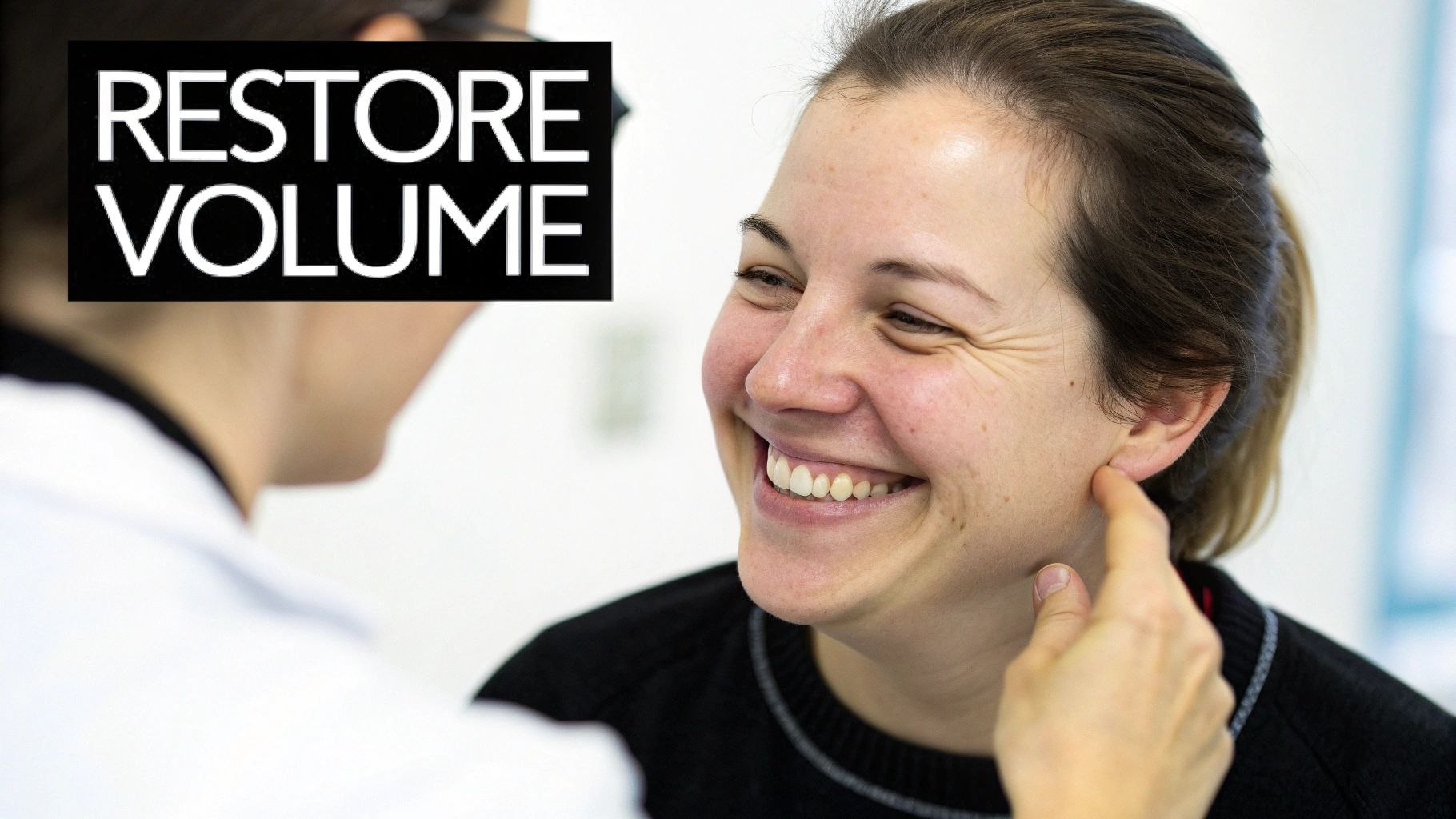 Smiling woman with laughter lines during a consultation, with text 'RESTORE VOLUME' in the corner.