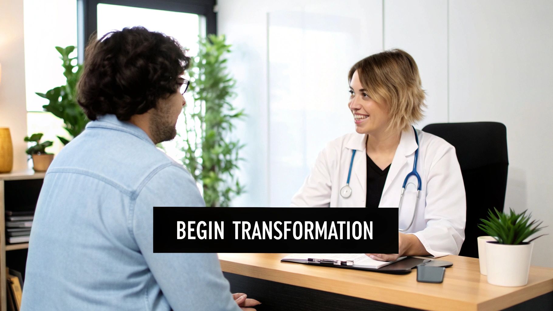 A male patient discusses with a smiling female doctor in a bright, modern clinic office.