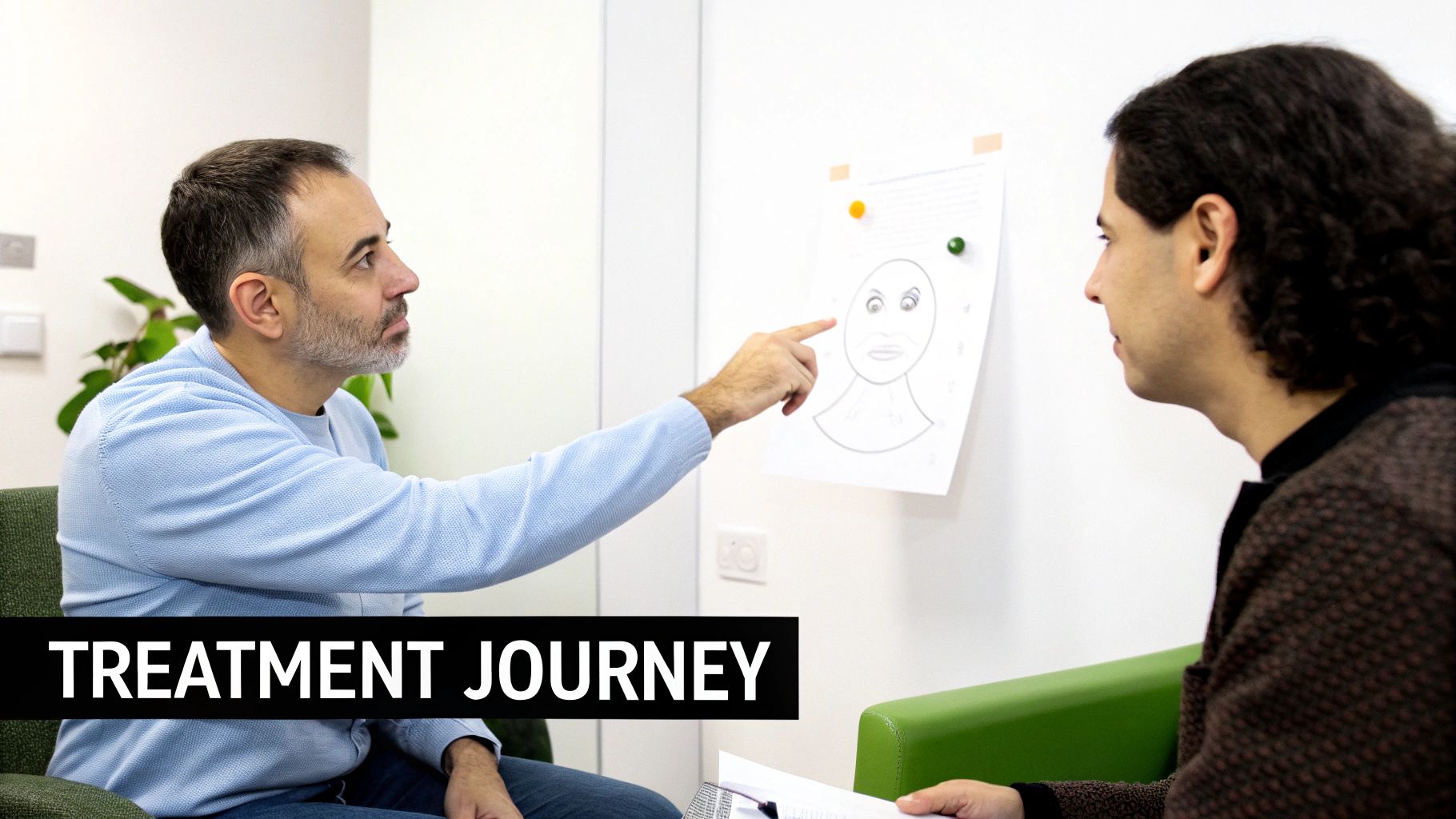 Man points to a face drawing on a wall during a therapy or consultation session with another man.