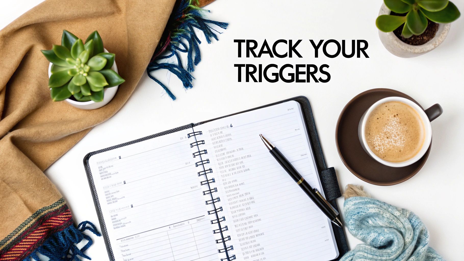 A flat lay shows a journal, pen, coffee, plants, and scarves, with 'TRACK YOUR TRIGGERS' text.
