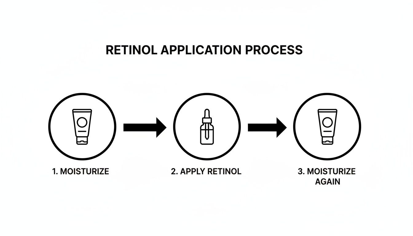 A diagram illustrating the 3-step retinol application process: moisturize, apply retinol, moisturize again.