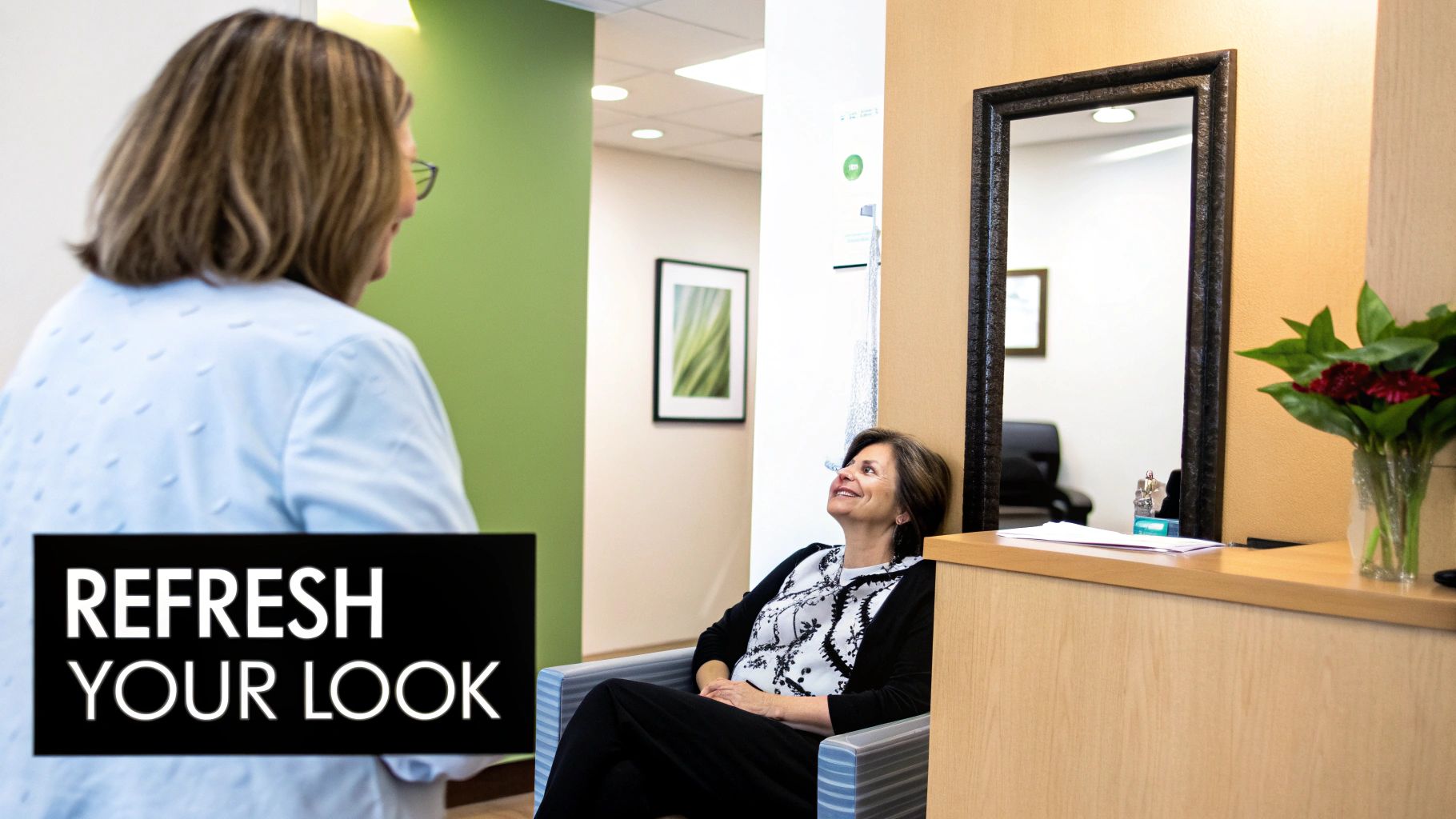 Two women consult in a modern salon or clinic, one seated, ready for a refreshed look.