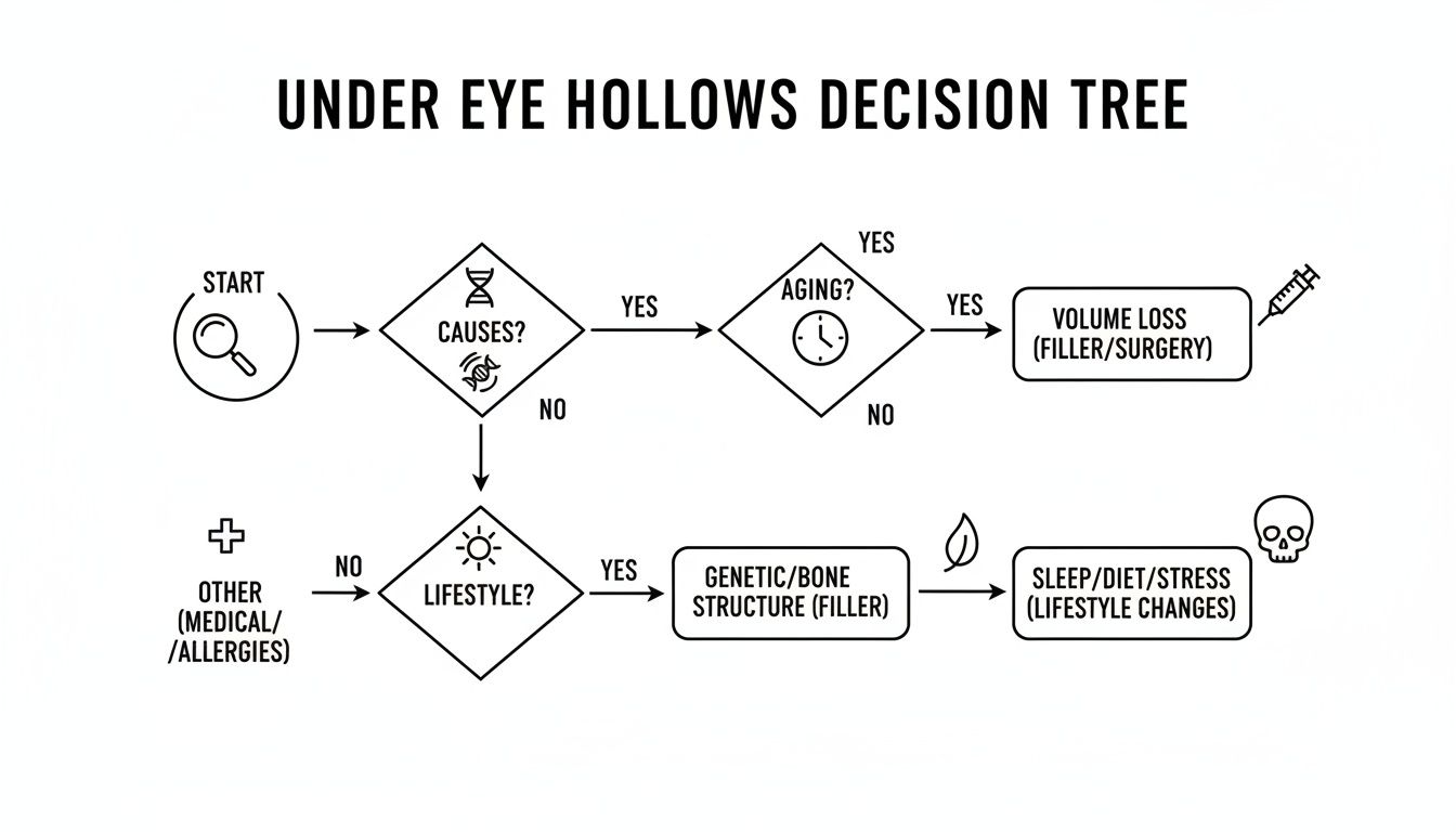 A decision tree flowchart for under eye hollows, guiding users through causes, aging, and lifestyle to determine treatment options.