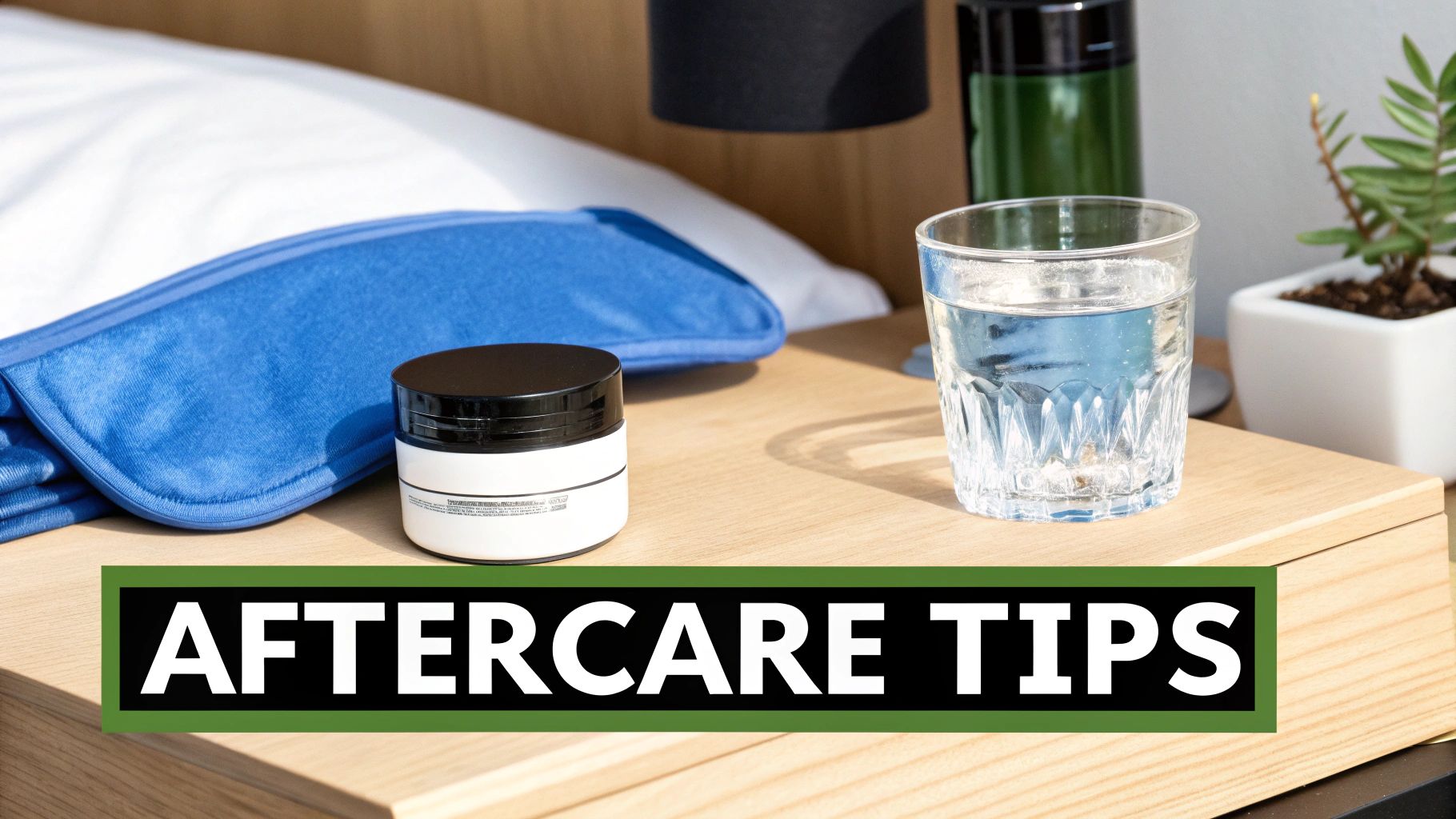 "AFTERCARE TIPS" banner over a bedside table with a blue eye mask, cream jar, and water glass.