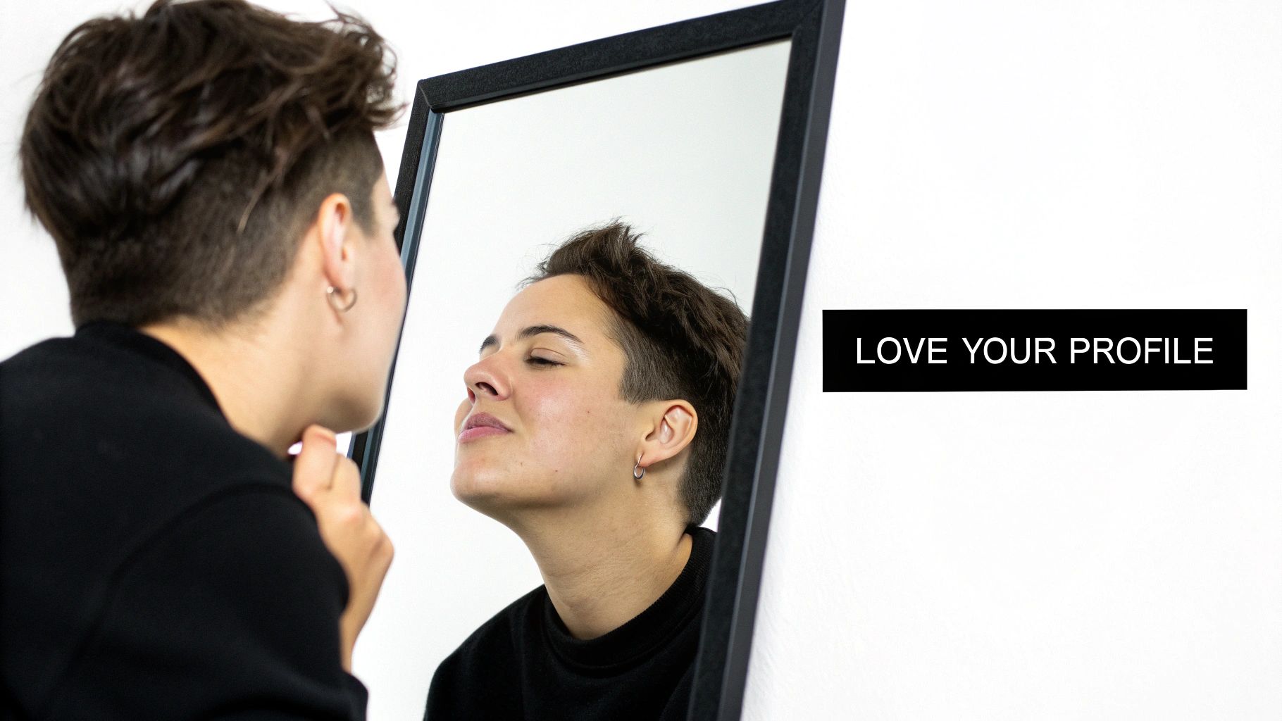 A person with short, dark hair looks into a mirror, appreciating their profile and jawline.