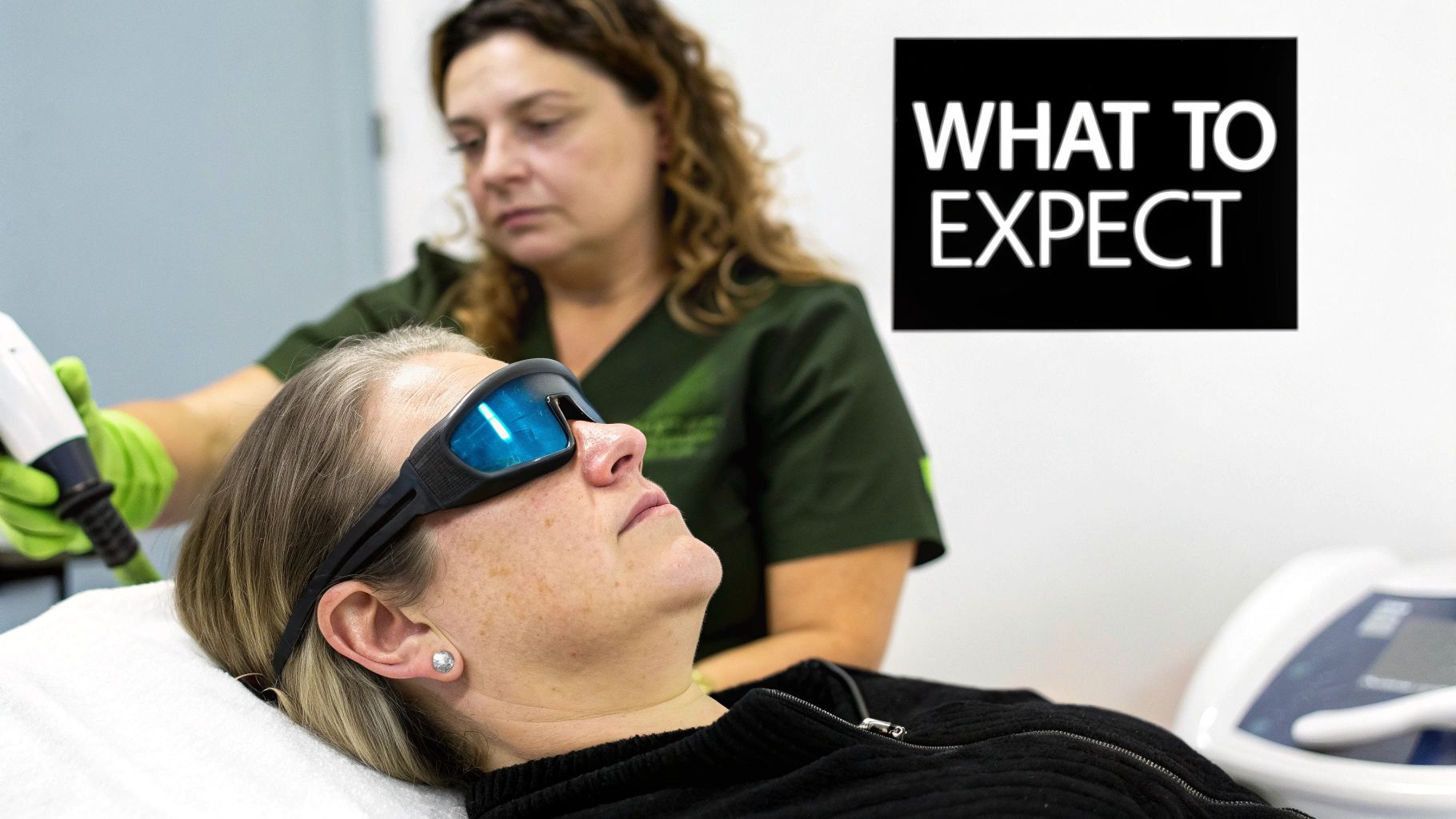A patient with protective goggles lies on a bed while a technician performs a laser skin treatment.