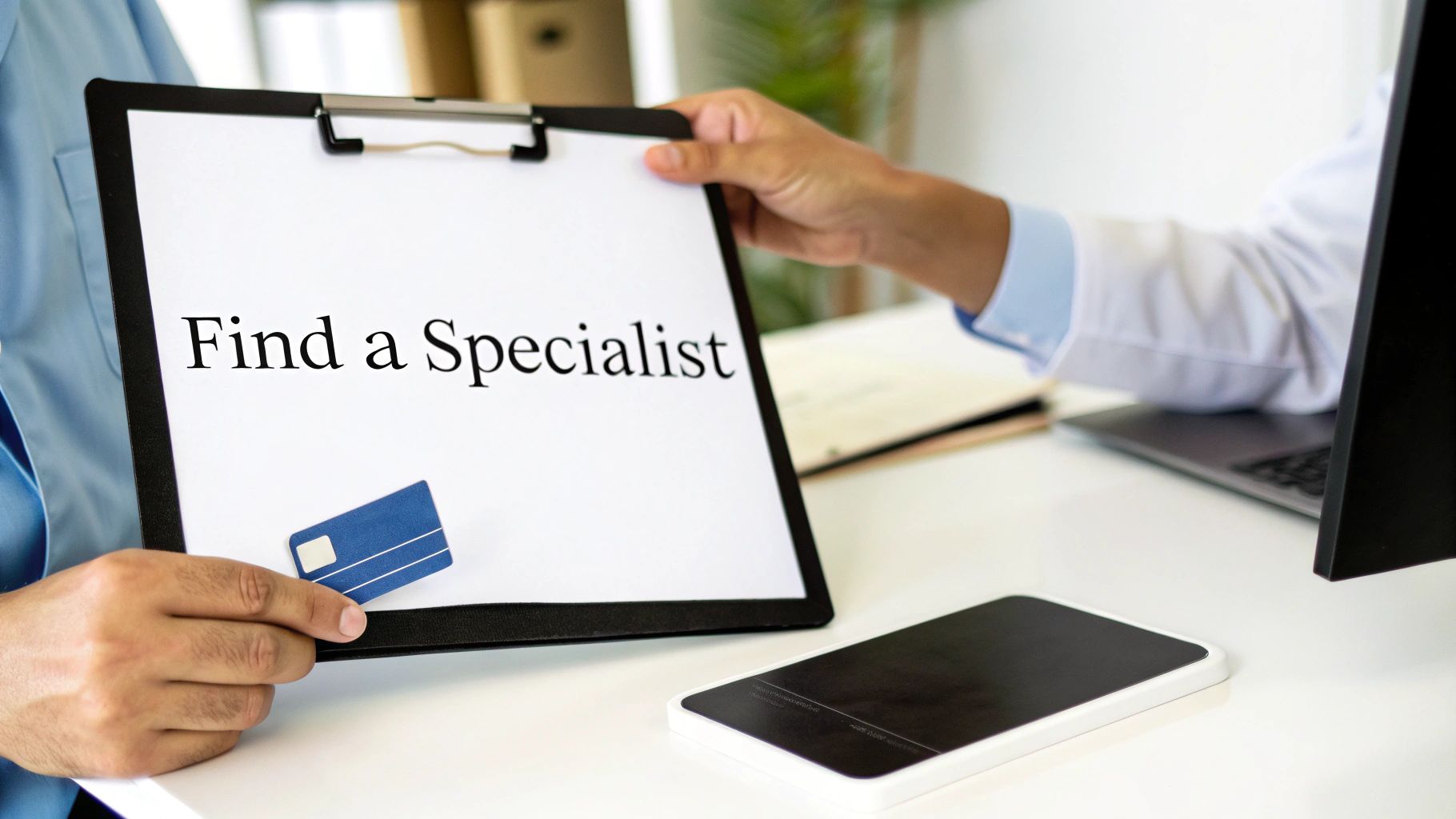 A patient and doctor reviewing a clipboard with &#39;Find a Specialist&#39; text and a blue card.