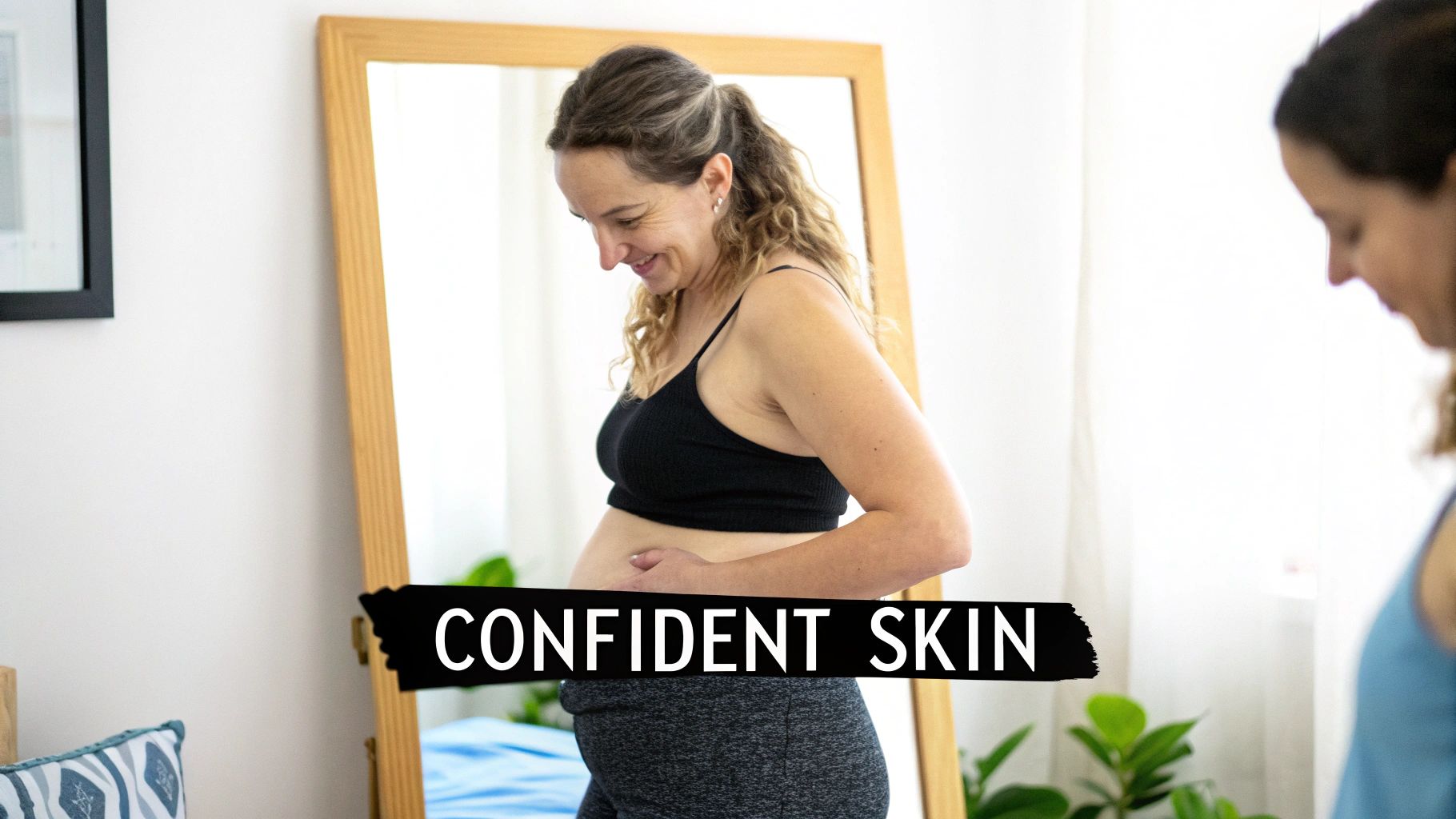 Smiling woman in a sports bra gently touches her stomach, looking confident with 'CONFIDENT SKIN' text.