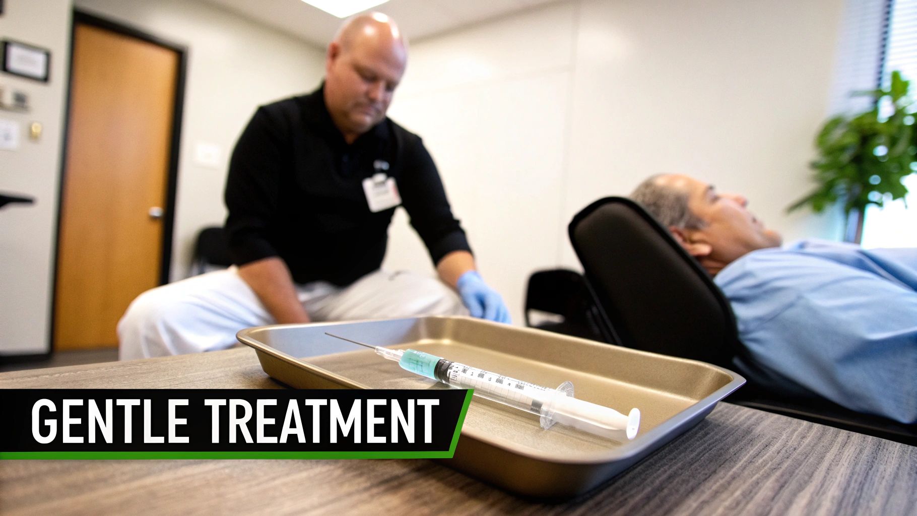 A syringe with light blue liquid on a medical tray, with a doctor and patient in background.