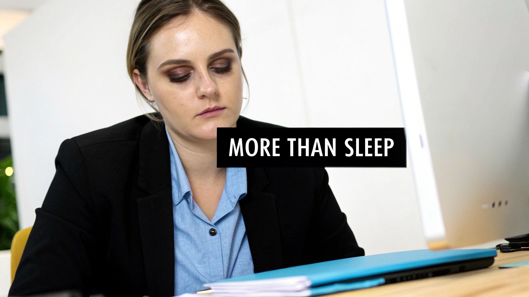 A tired woman with closed eyes, wearing a blazer, leaning on a desk with documents, appearing exhausted.