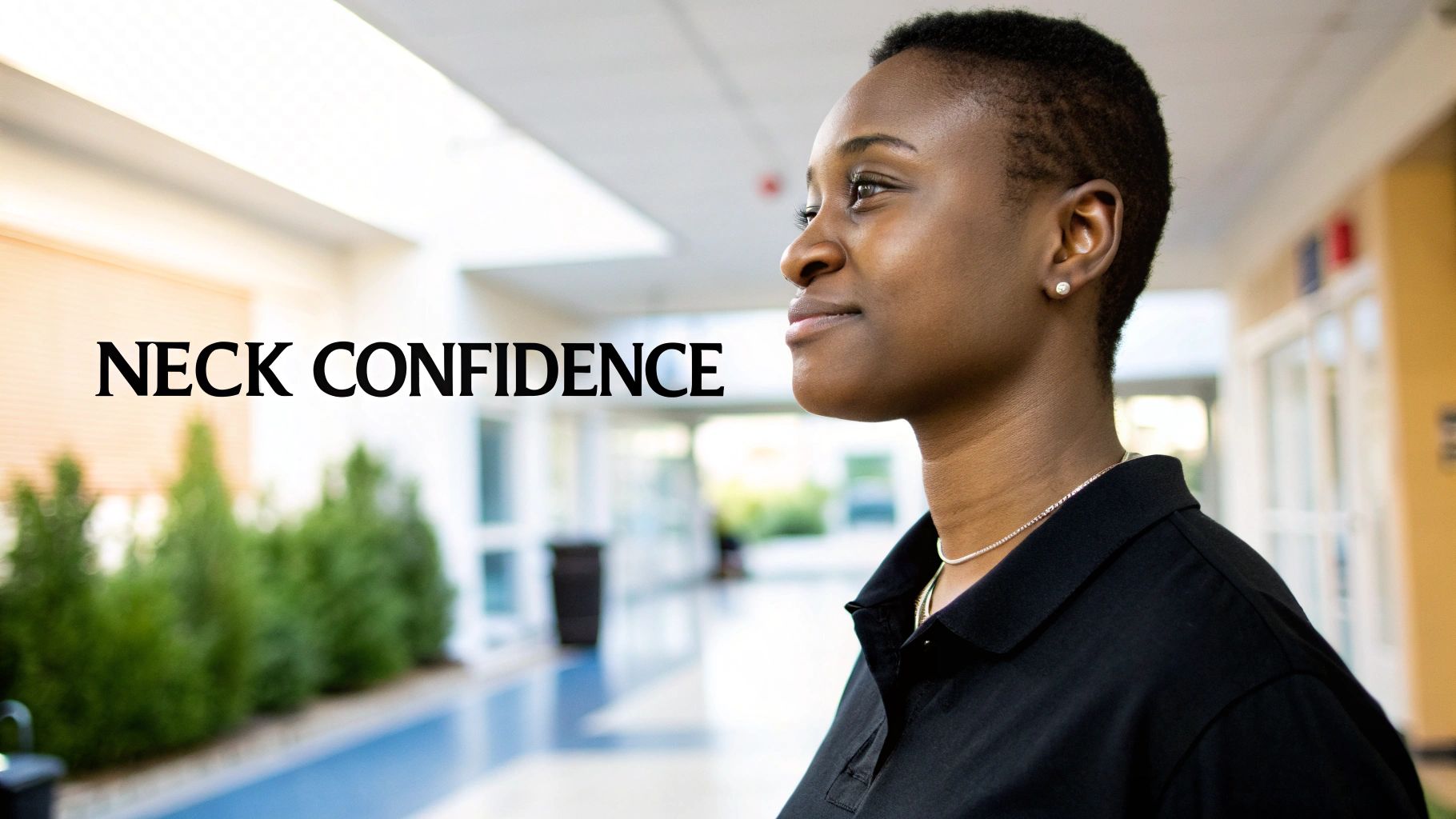 A confident young woman with a short haircut and a necklace looking forward, highlighting neck posture.