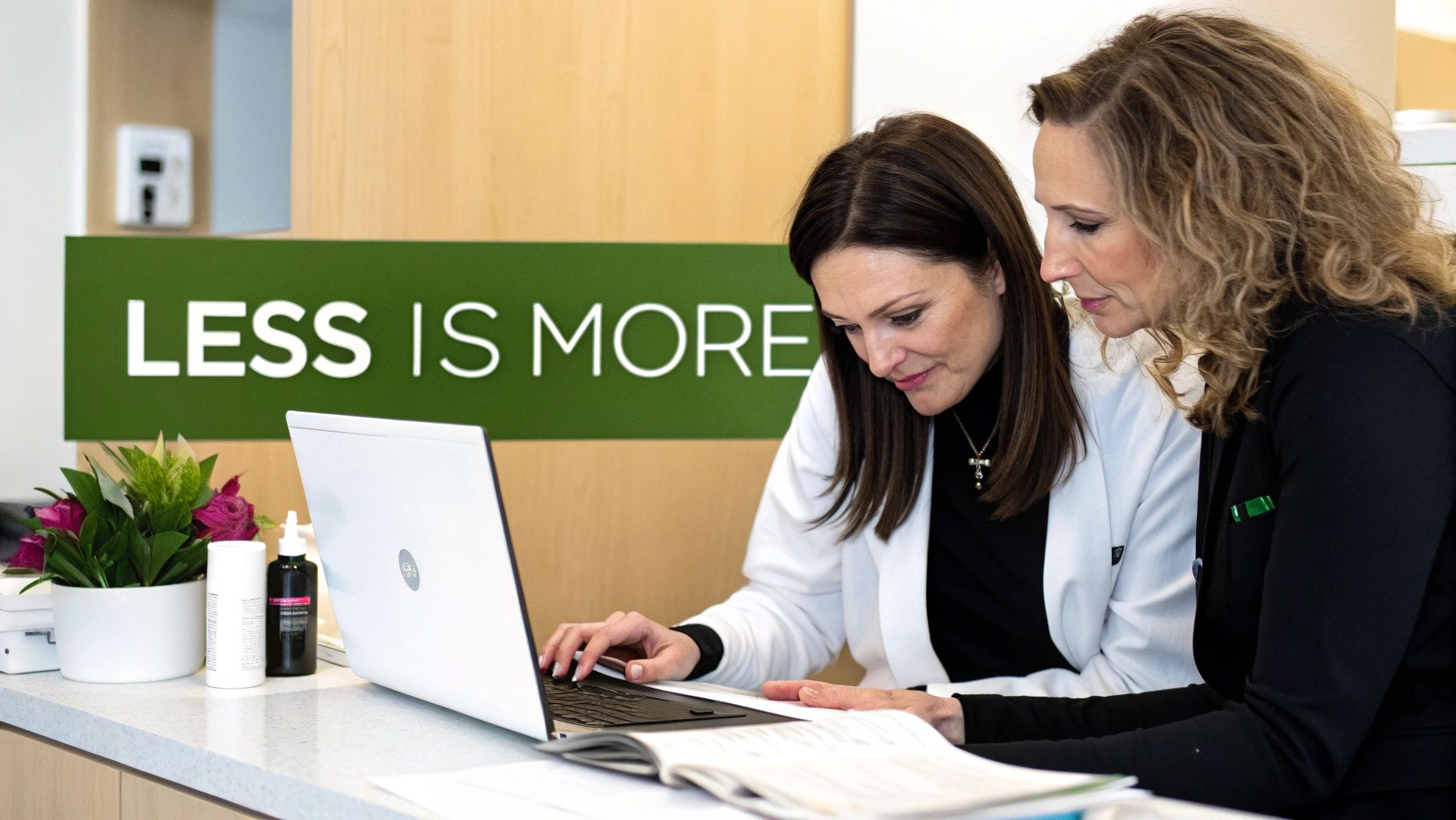 Two women reviewing information on a laptop and a book at a counter with a &#39;LESS IS MORE&#39; sign.