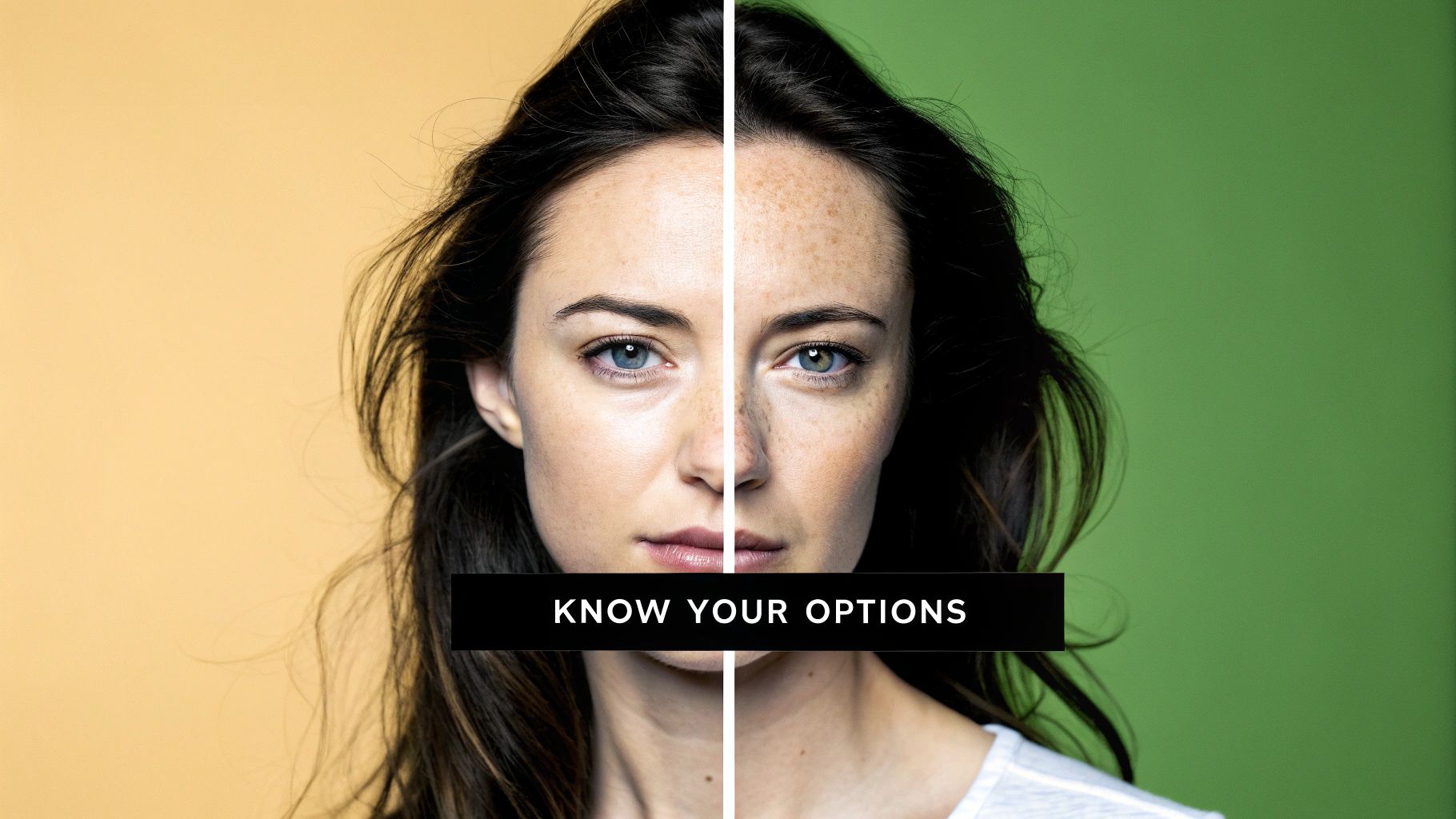 Woman face split screen showing before and after anti-wrinkle treatment comparison results