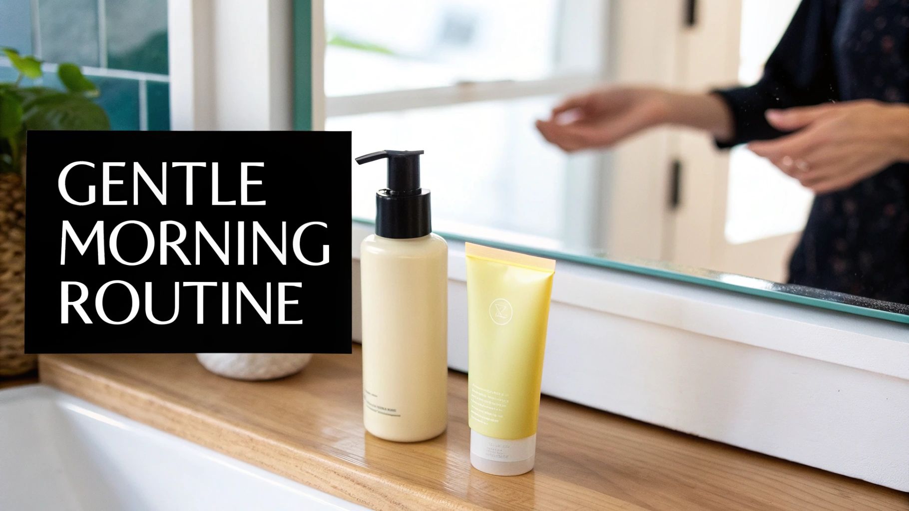 Two skincare products on a bathroom counter with a mirror reflecting hands, and text 'GENTLE MORNING ROUTINE'.