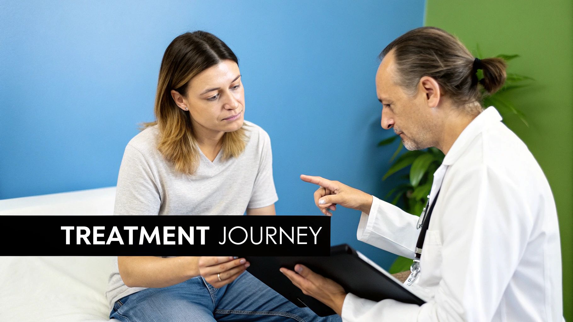 A doctor in a white coat explains treatment options to a female patient during a medical consultation.
