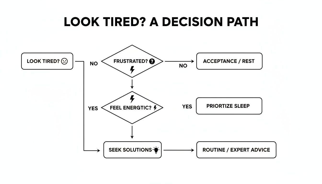 A decision path flowchart addressing tiredness, with steps for frustration, energy levels, and solutions like rest or expert advice.