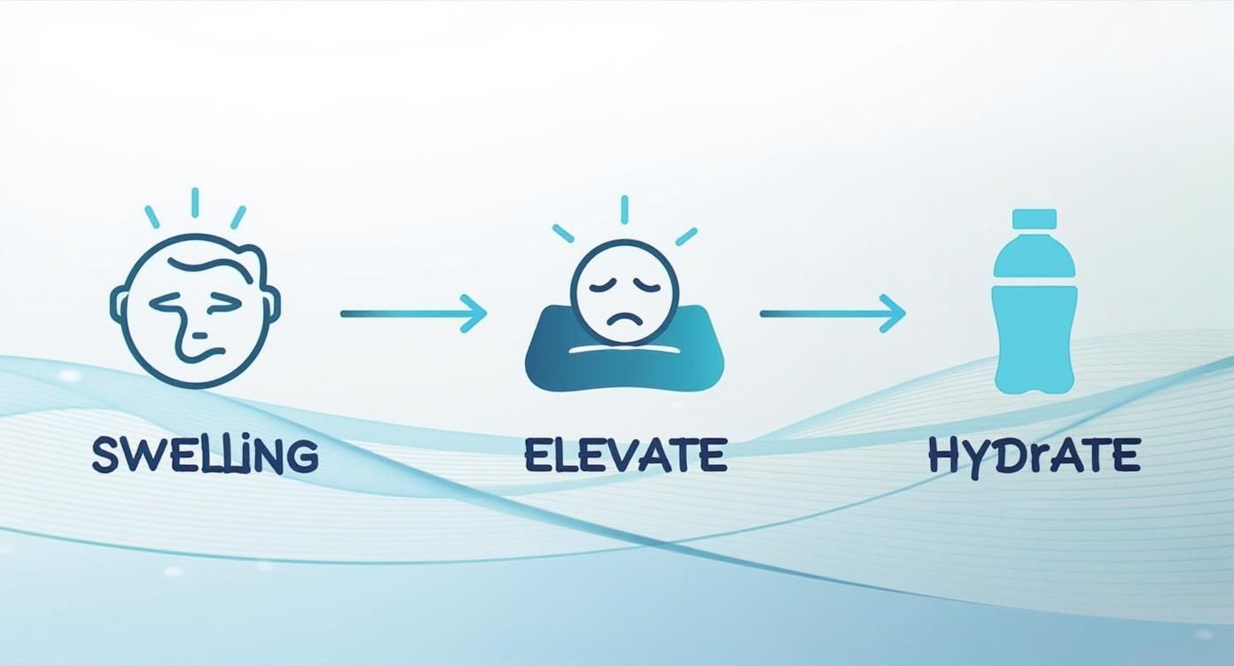 Three-step infographic showing swelling, elevation, and hydration after fat dissolving injection treatment