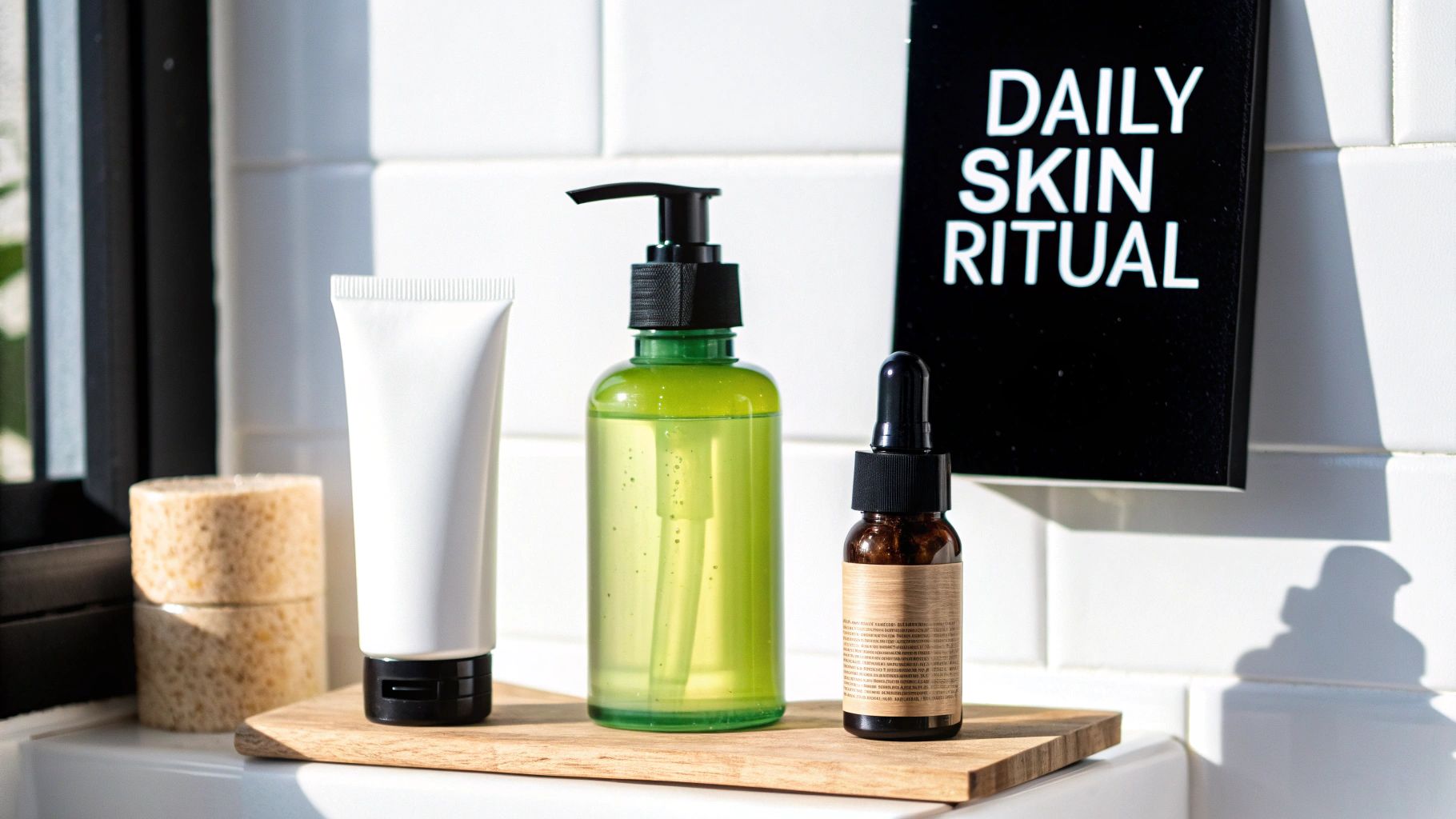 Various skincare products and sponges displayed on a wooden tray, emphasizing a 'Daily Skin Ritual'.