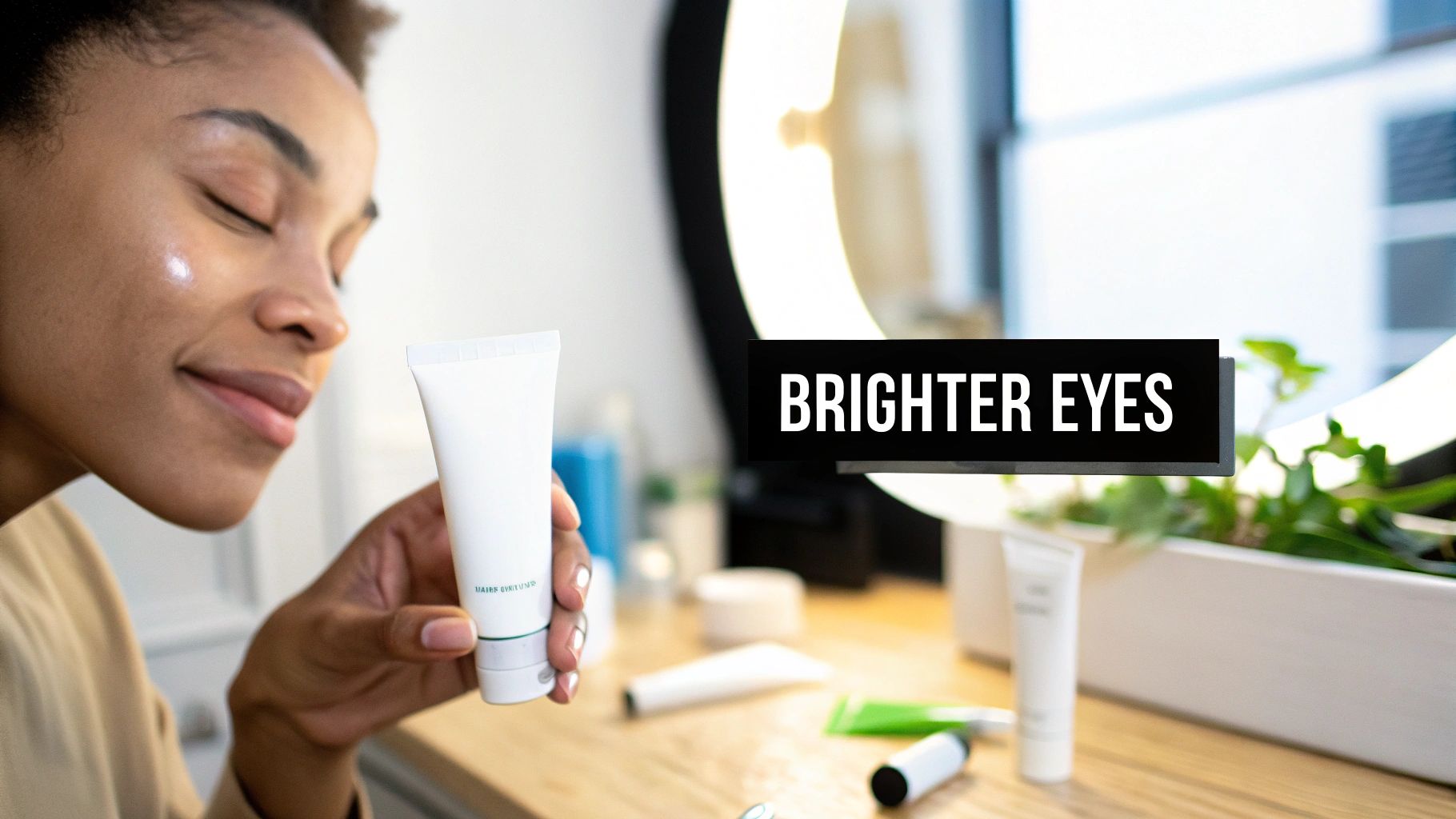 A woman with a refreshed and bright under-eye area, smiling gently.