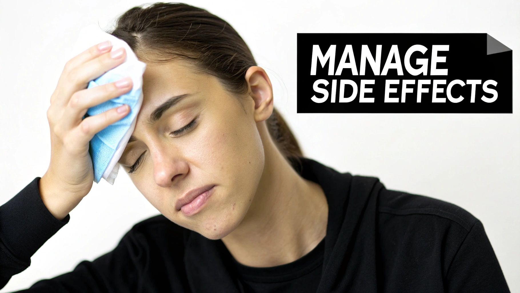 A woman with a cold pack on her forehead, eyes closed, managing side effects.