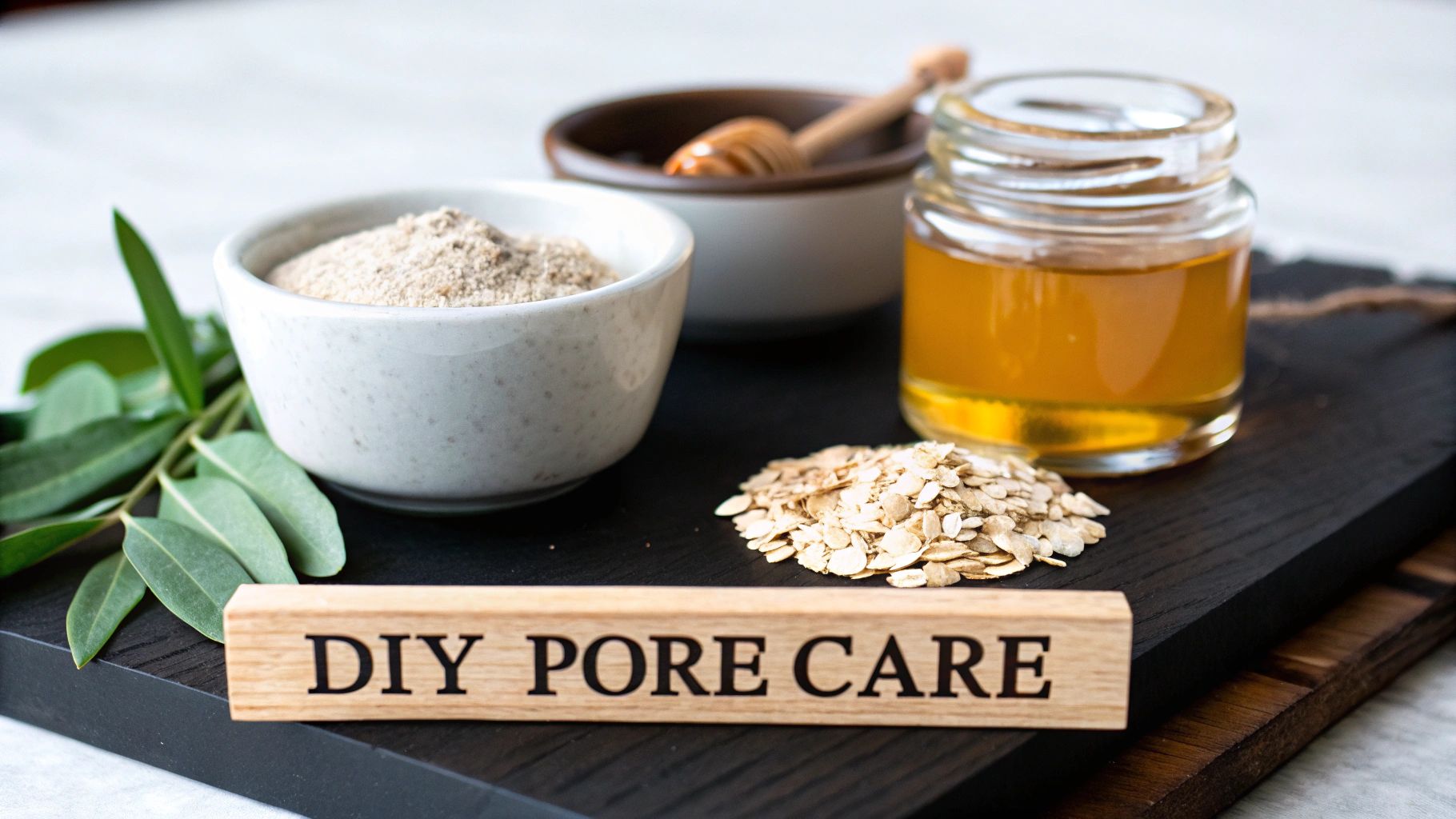 Natural ingredients like oats, honey, and powdered mask for DIY pore care on a dark board.