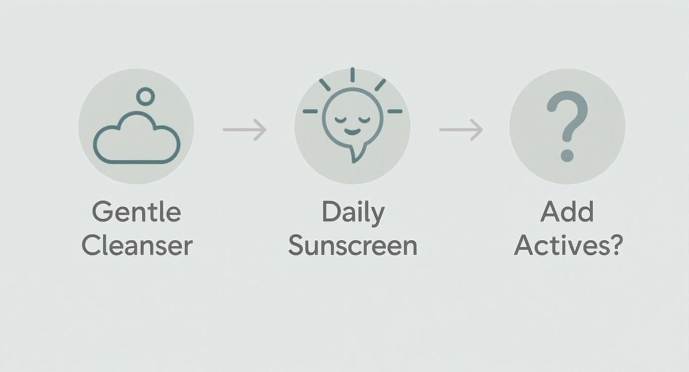 A three-step skincare routine flowchart: Gentle Cleanser, Daily Sunscreen, and a question mark for Add Actives?