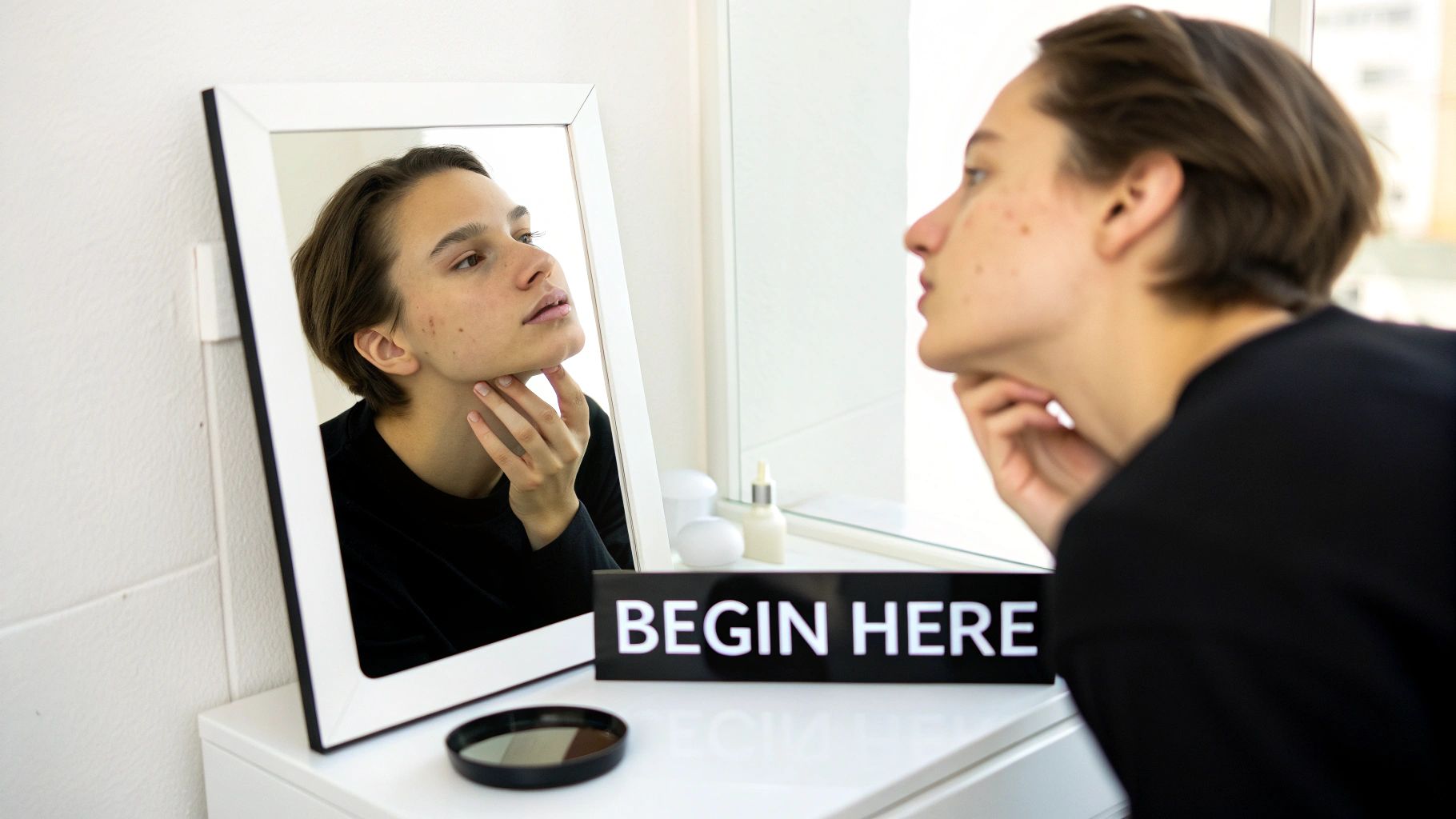 A young person with short hair examining their jawline in a mirror, a 'BEGIN HERE' sign is visible.