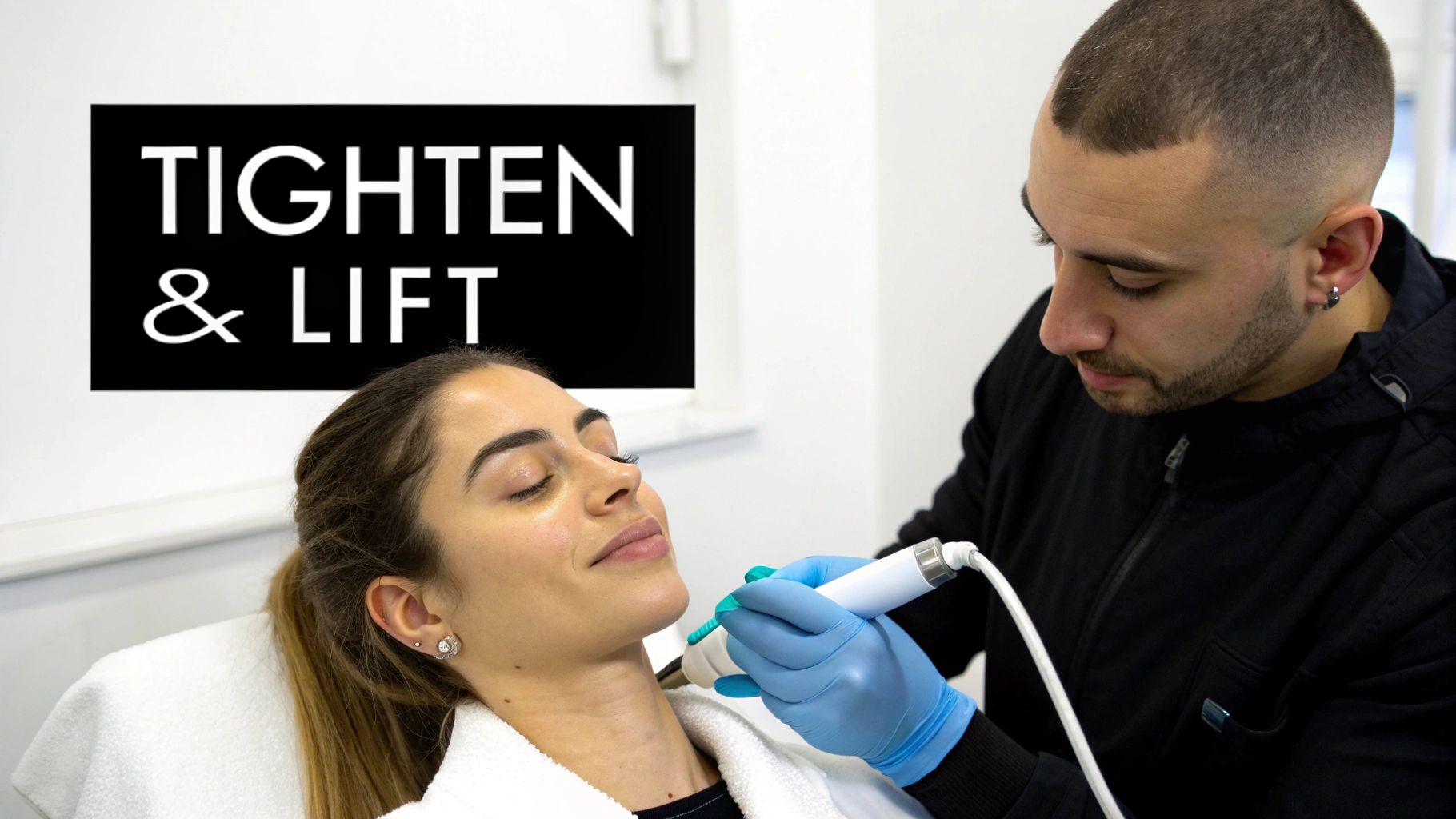 A female client receives a non-surgical skin tightening and lifting treatment on her neck from a male aesthetician.