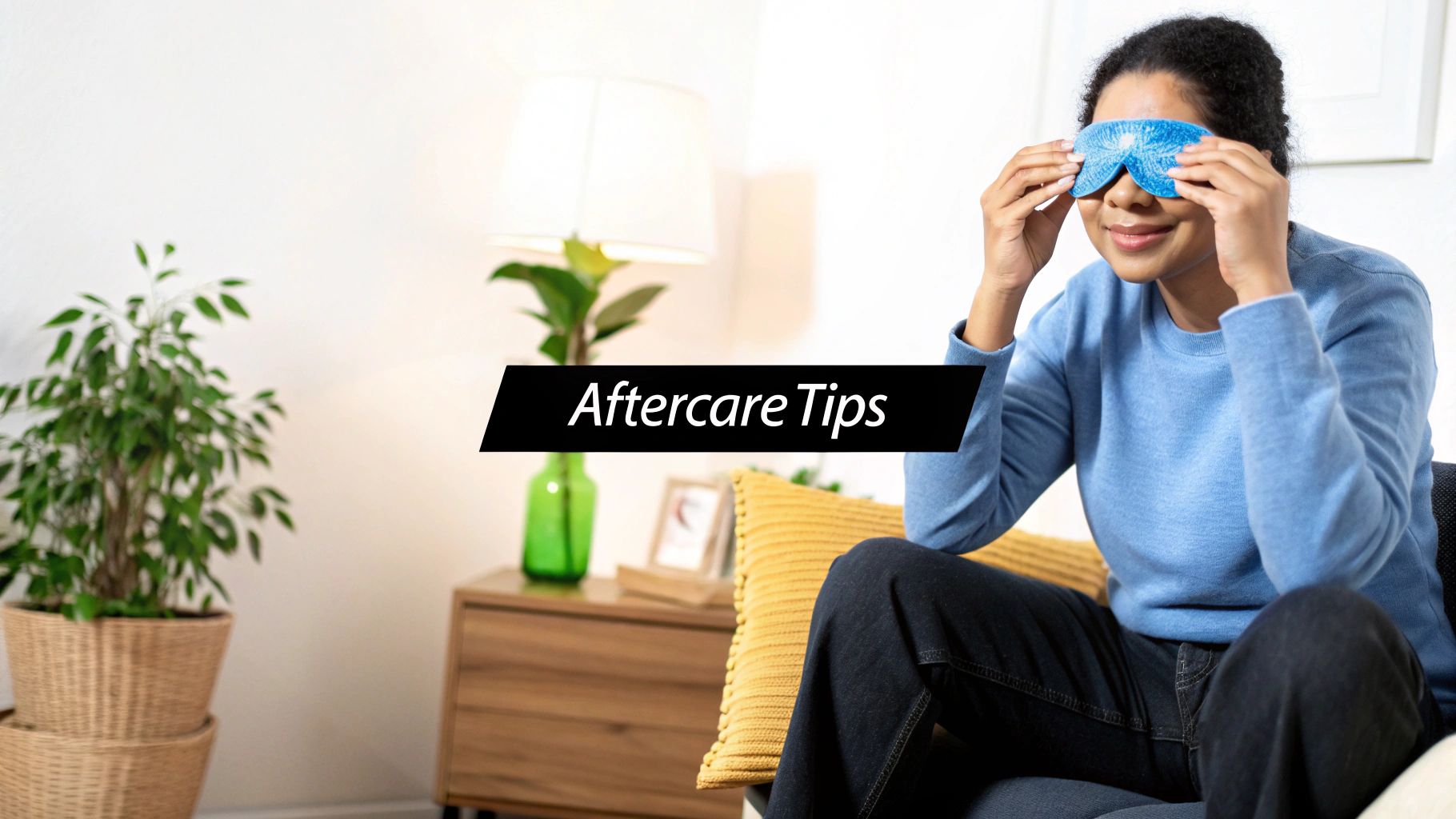 A smiling woman wearing a blue gel eye mask relaxes on a couch with plants and a lamp in the background.