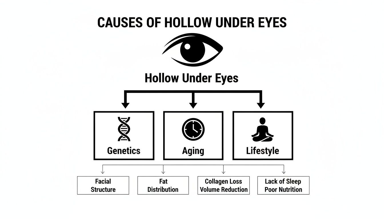 Flowchart explaining the causes of hollow under eyes, including genetics, aging, and lifestyle factors.