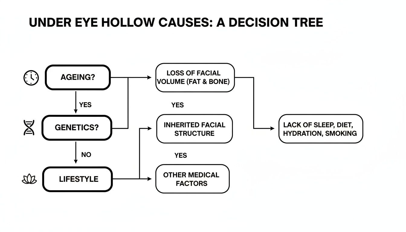 Decision tree flowchart illustrating under eye hollow causes like ageing, genetics, lifestyle, and medical factors.