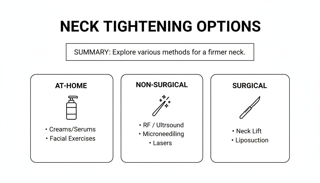 Diagram outlining different neck tightening options, categorized into at-home, non-surgical, and surgical treatments.