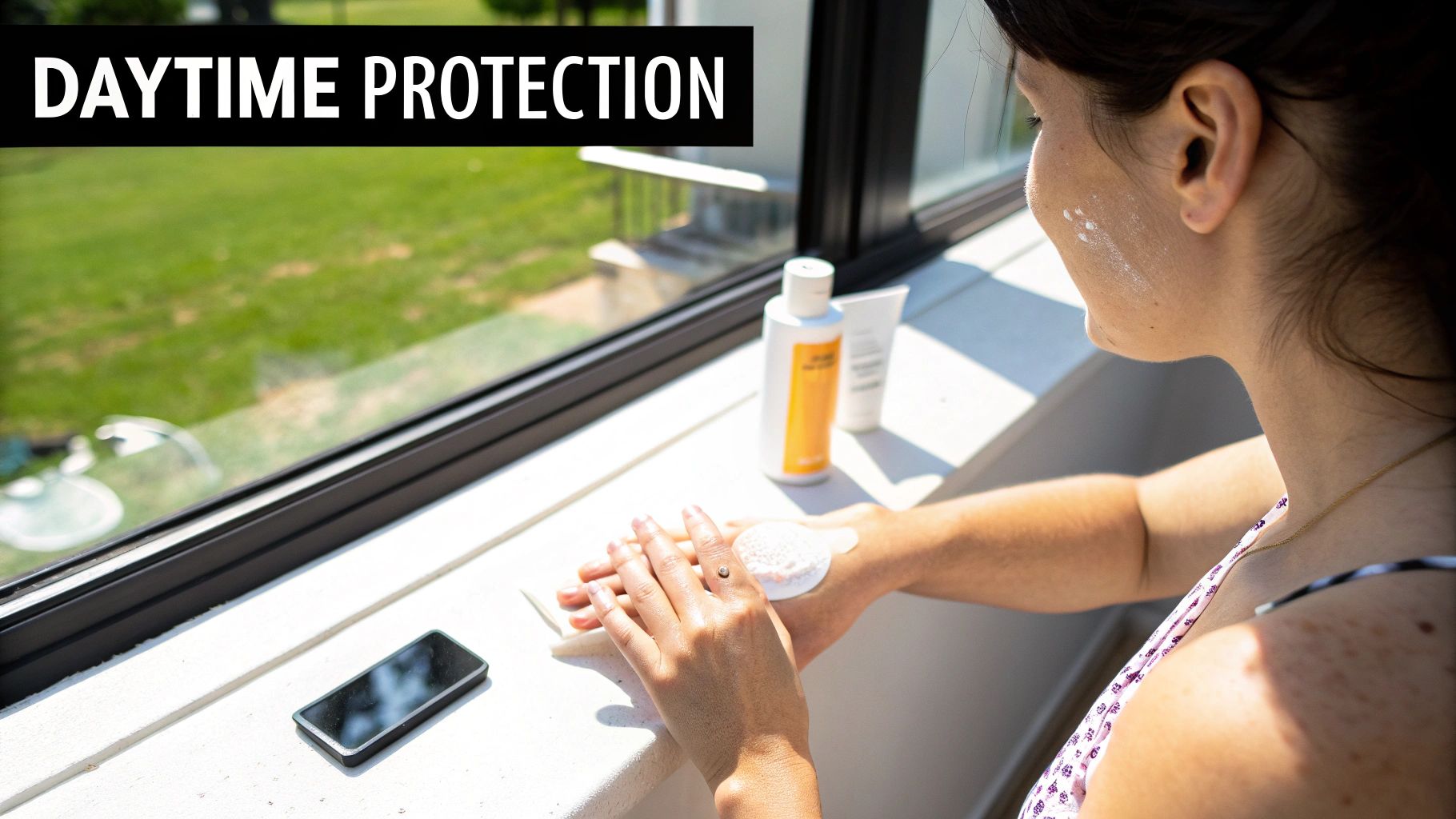 A woman applies cream to her hands and face while sitting by a bright window, emphasizing daytime protection.