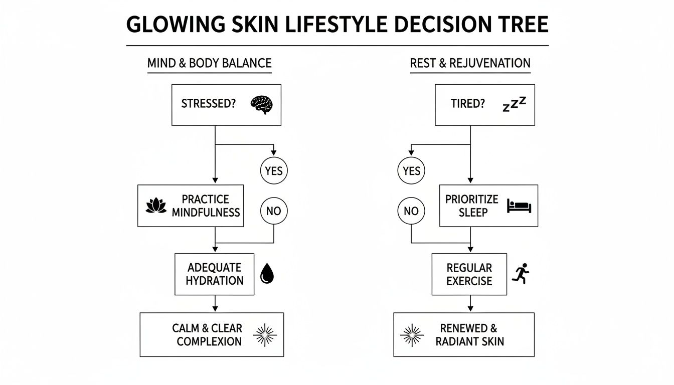 Decision tree diagram illustrating lifestyle choices for achieving glowing and radiant skin.