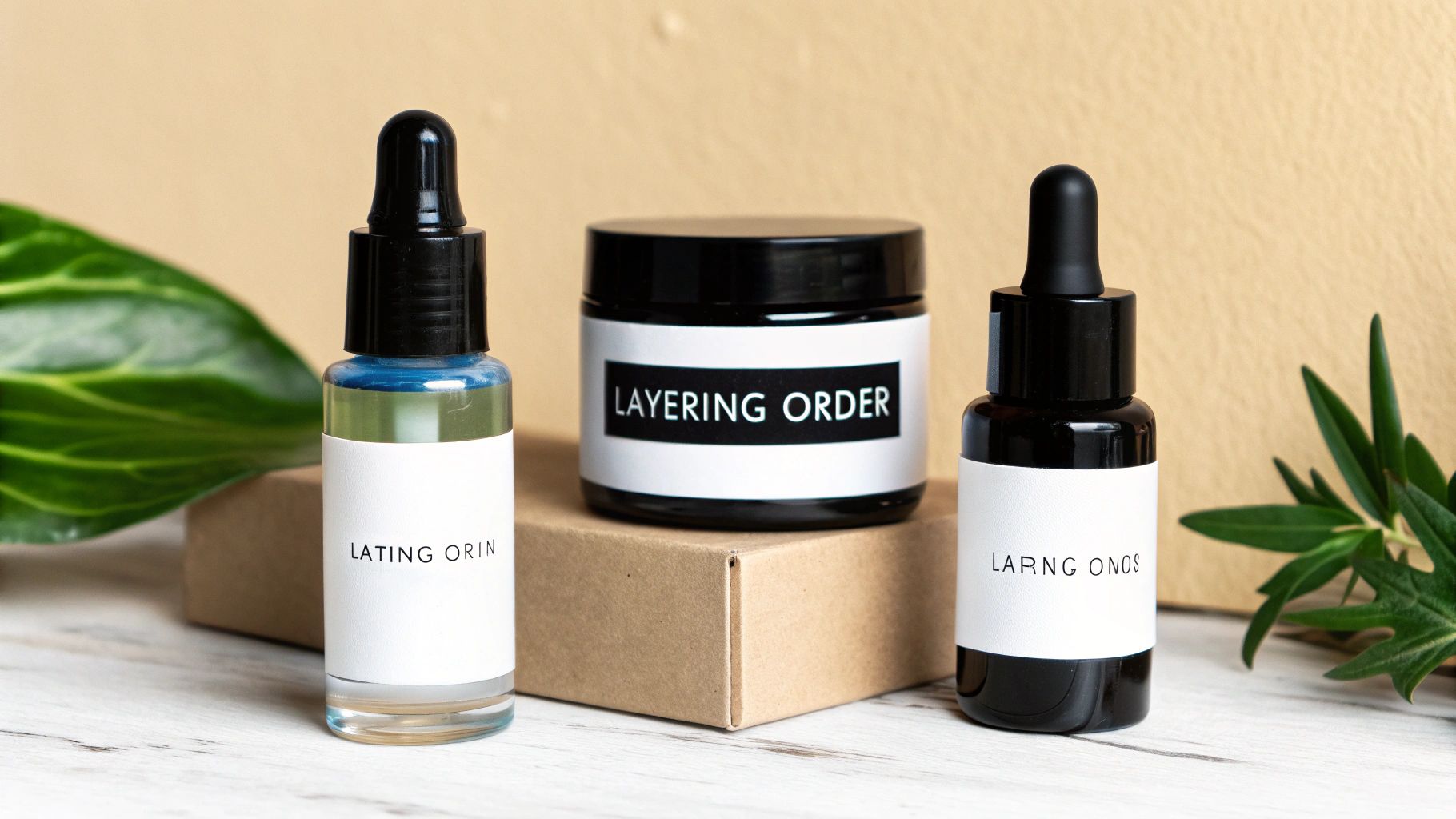 Three cosmetic products: two serum dropper bottles and a cream jar on a cardboard box, with green plants.