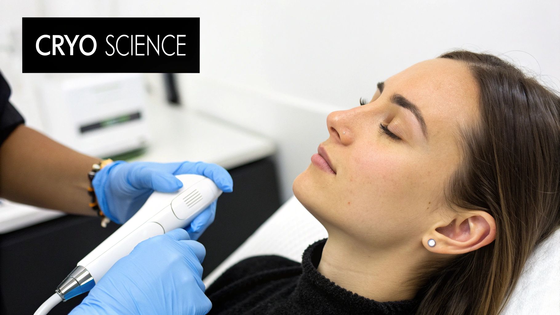 A woman receives a cryotherapy facial treatment from a professional using a white device, with a 'Cryo Science' logo.
