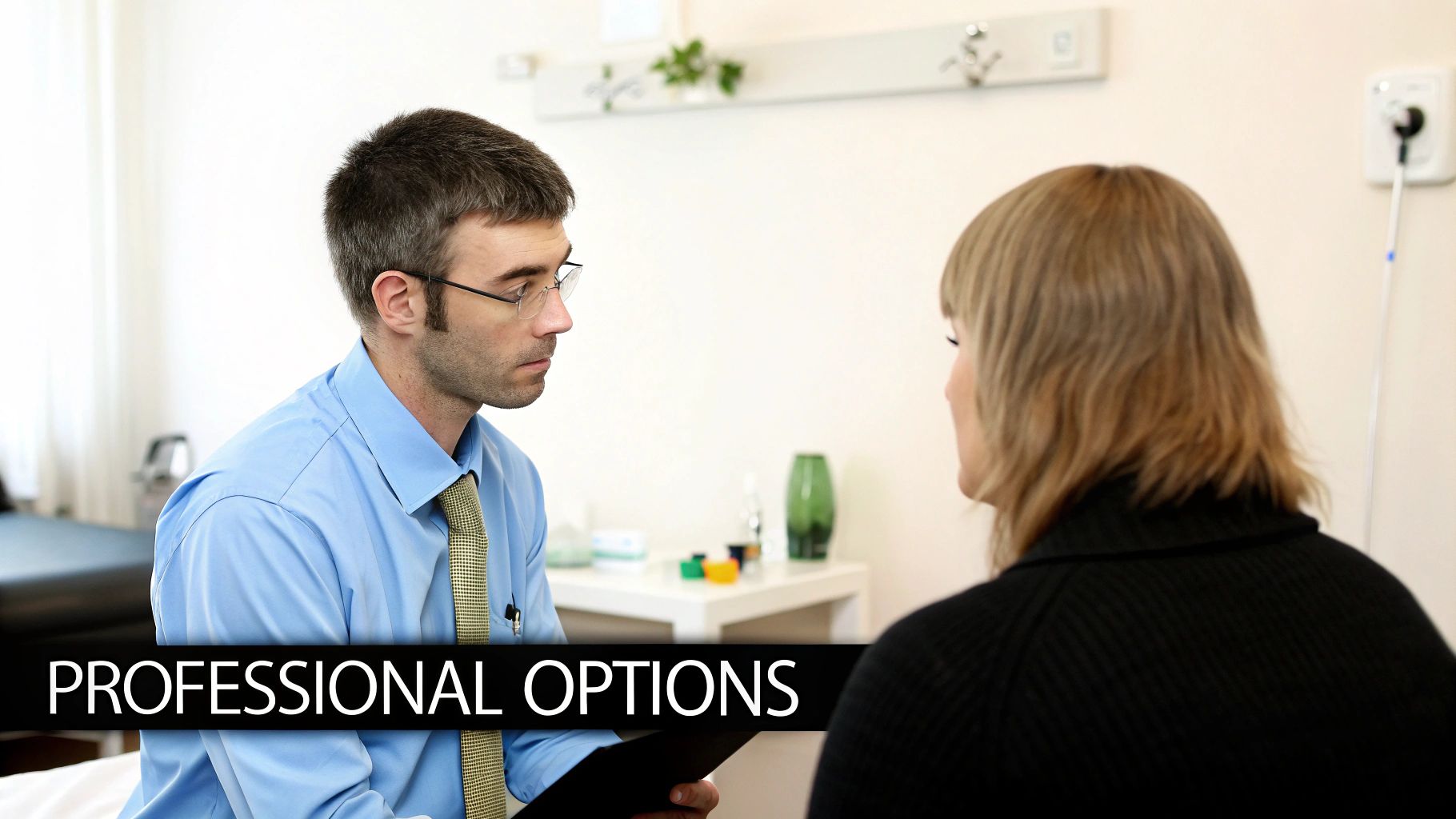 A male doctor in glasses consults with a female patient in a medical office.