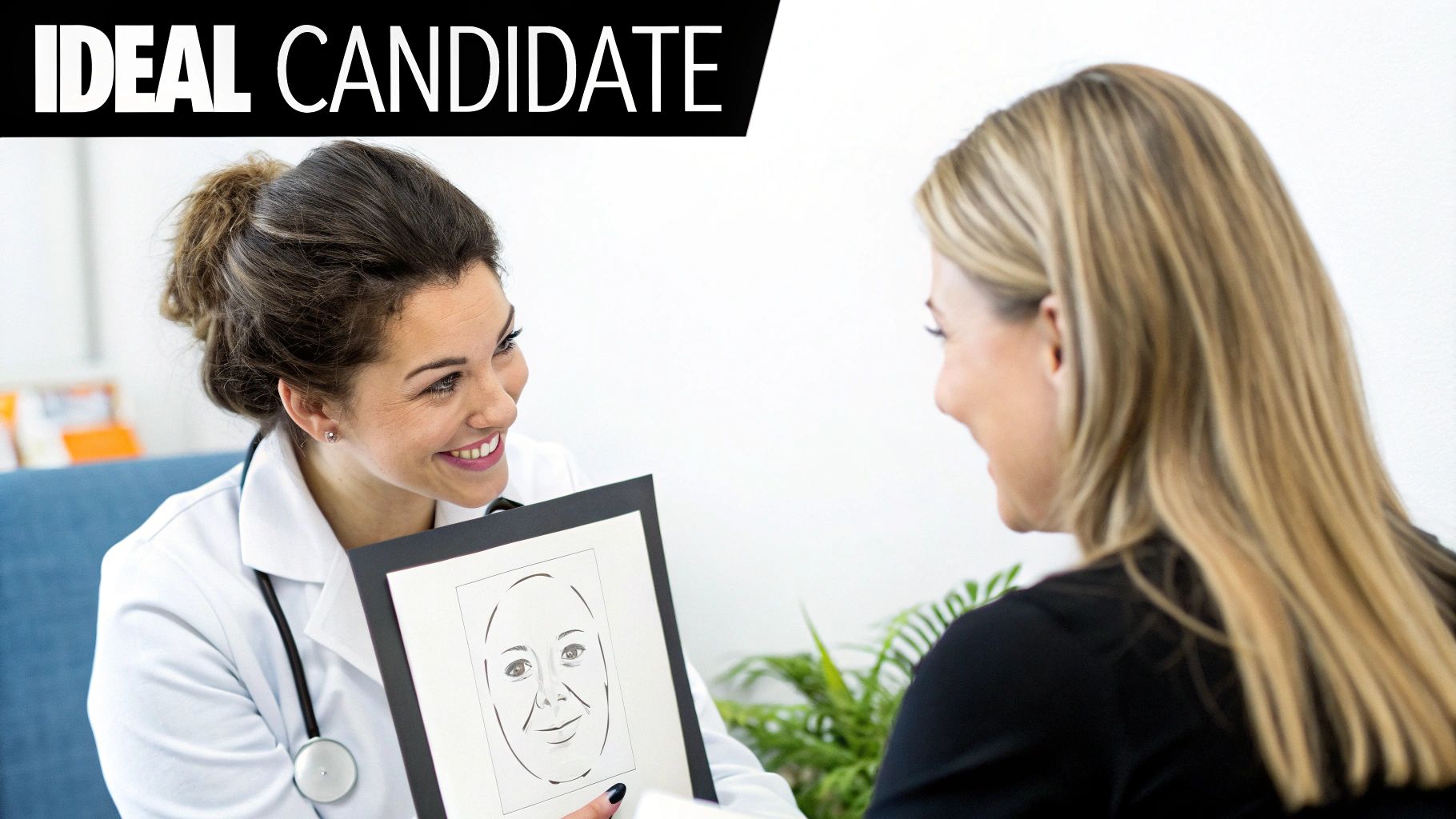 A smiling medical professional shows a facial diagram to a patient, discussing aesthetic treatment options.