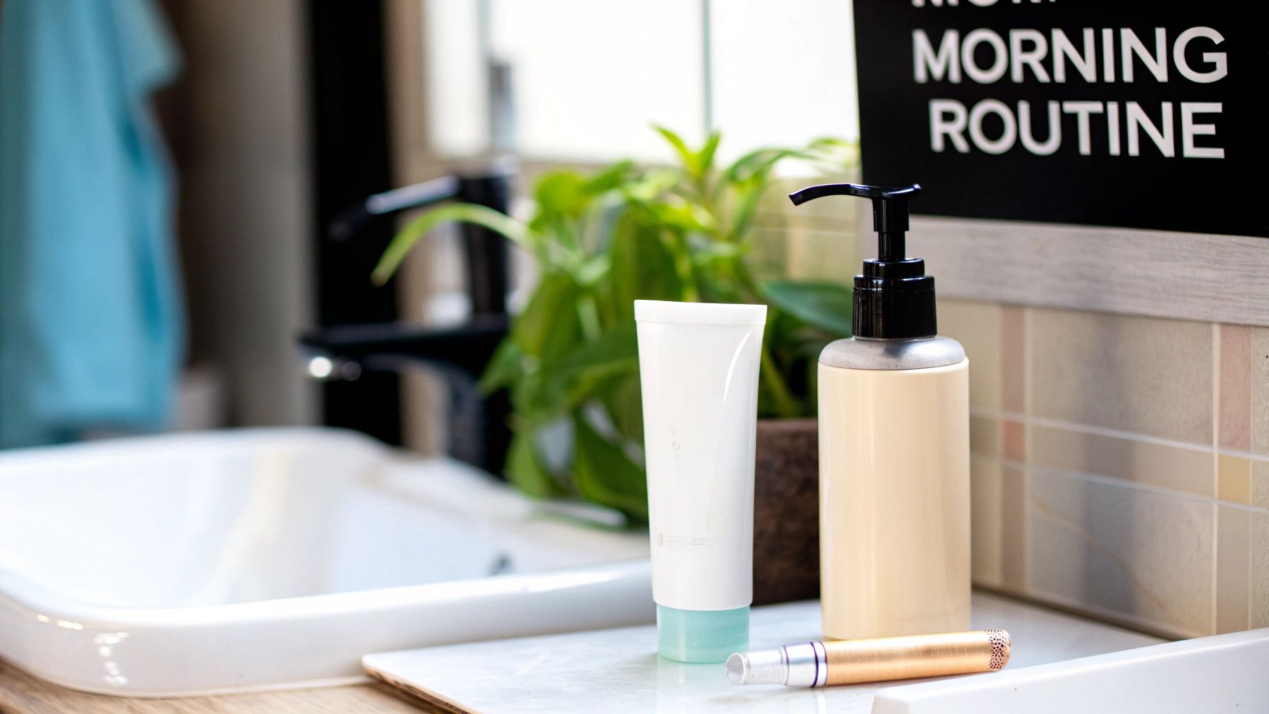 Skincare products, including a pump bottle and tube, on a bathroom counter with a 'MORNING ROUTINE' sign.