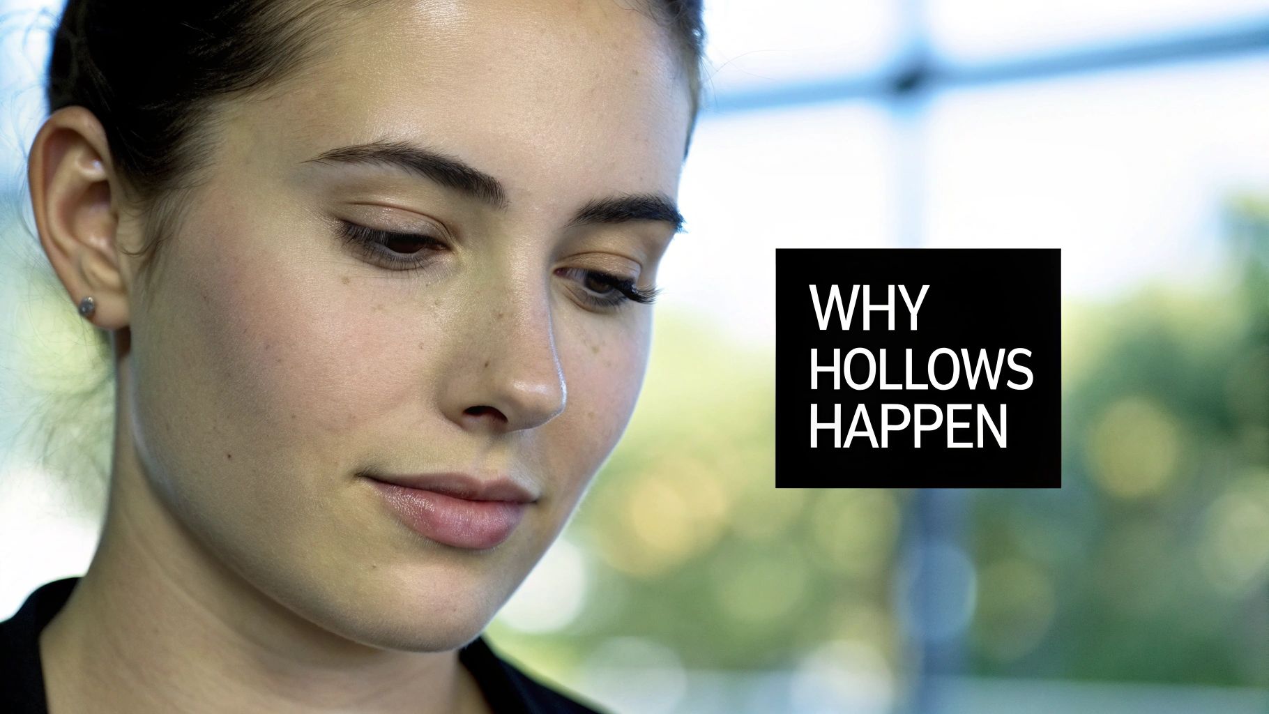 A young woman's face looking down, with a black box overlay stating "WHY HOLLOWS HAPPEN."