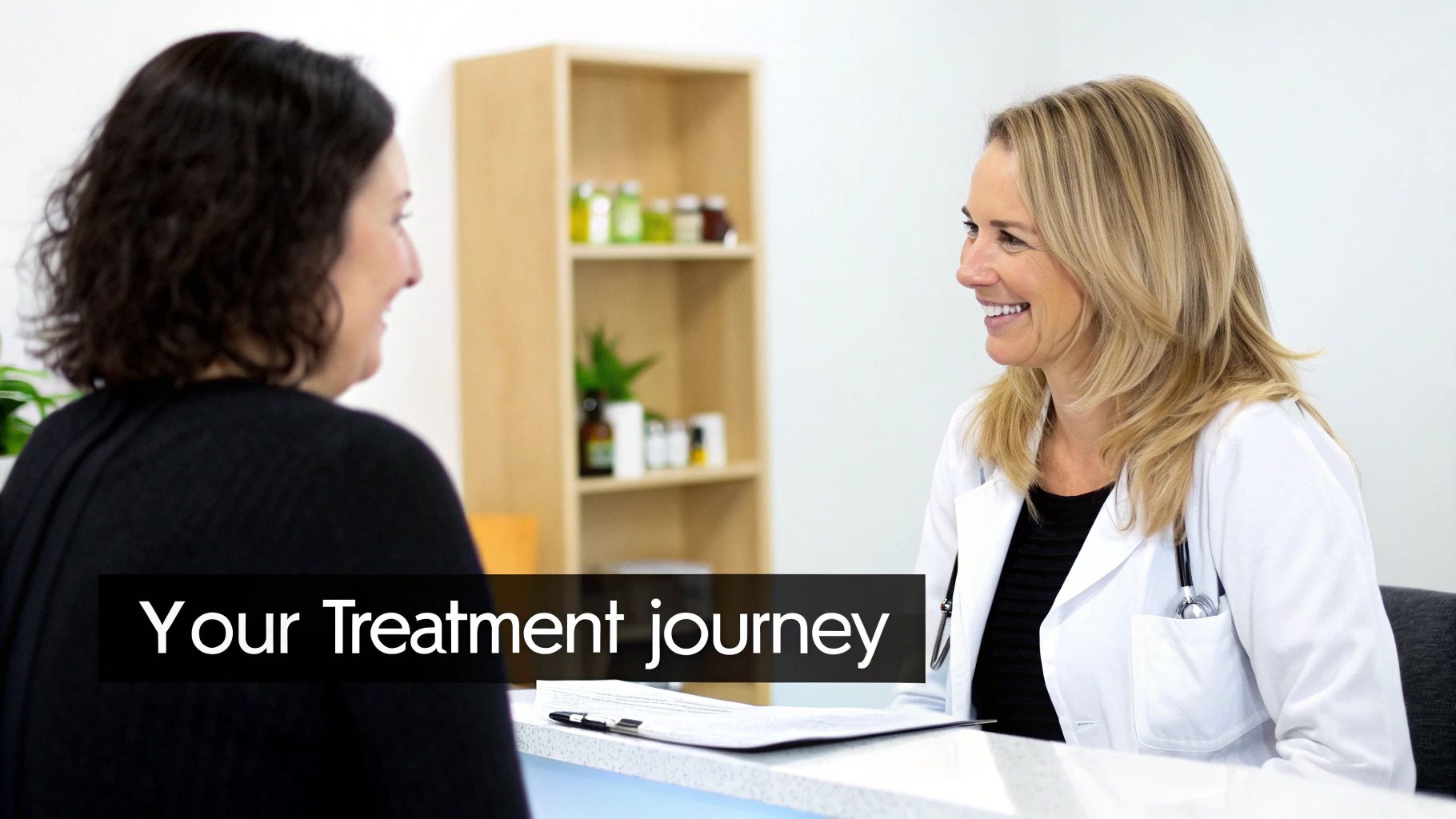 A smiling female doctor in a white coat consults with a patient at a clinic reception.