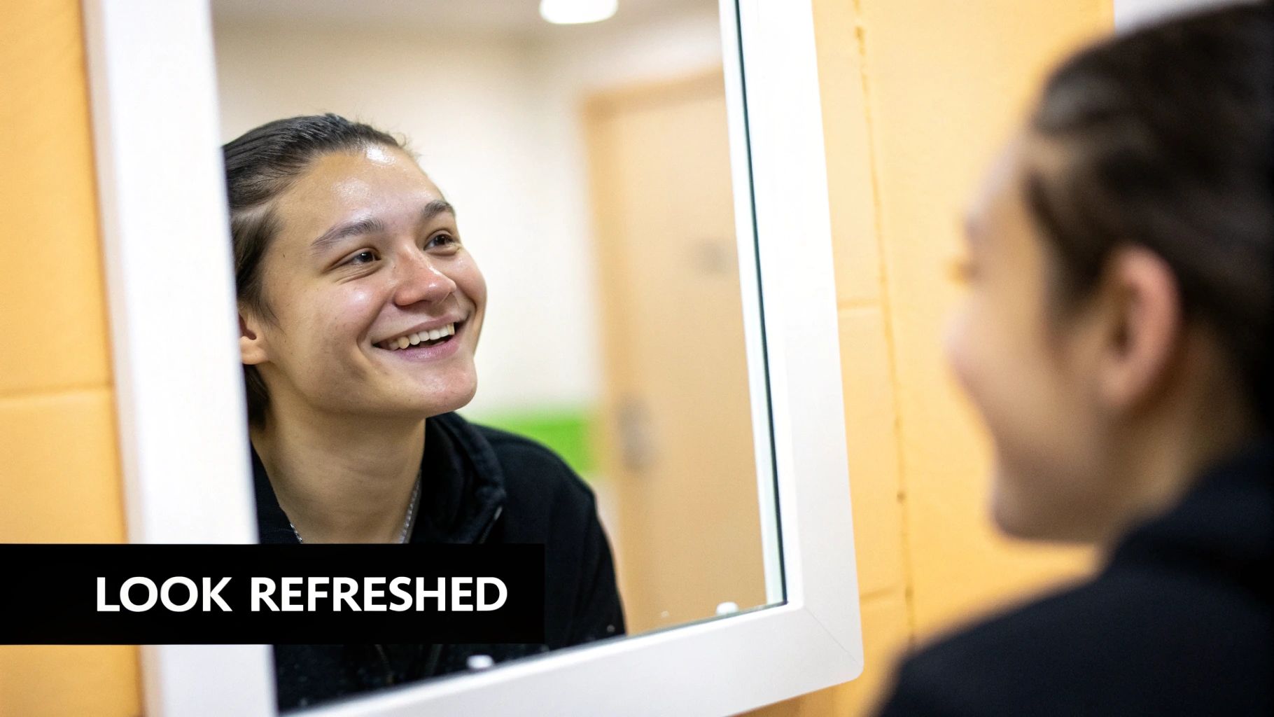 A young woman smiles brightly at her reflection in a mirror, looking refreshed and happy.