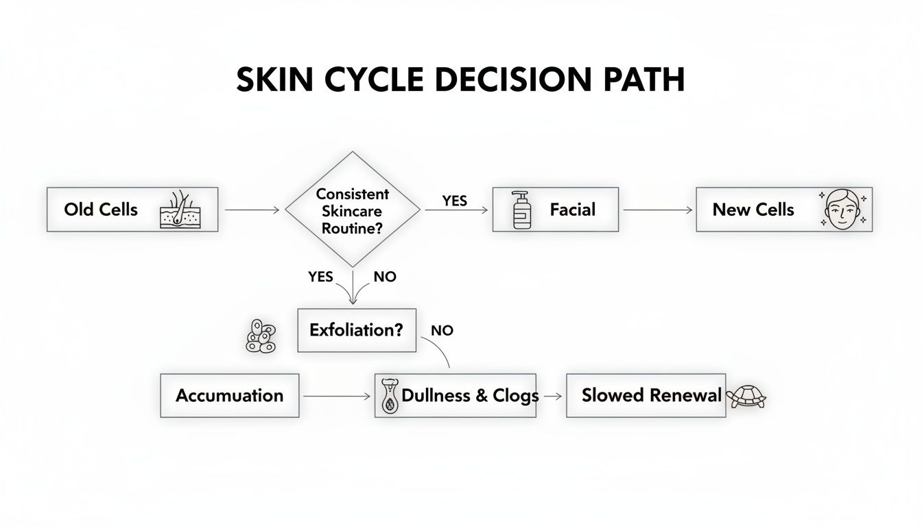 Flowchart illustrating skin cycle decision path for new cell renewal versus accumulation and slowed renewal.