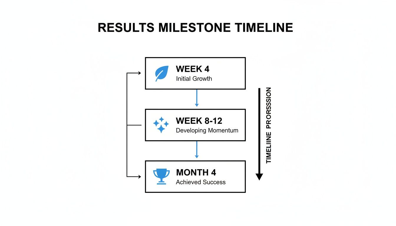 Timeline illustrating results milestones: initial growth, developing momentum, and achieved success.