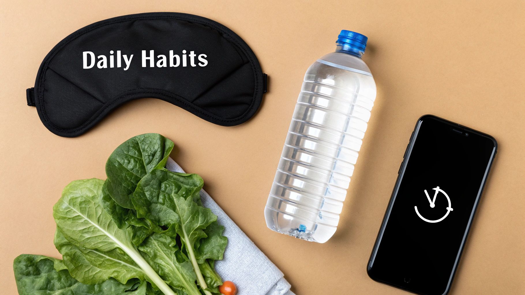 A flat lay displaying items for healthy daily habits: a sleep mask, water bottle, green vegetables, and a smartphone.