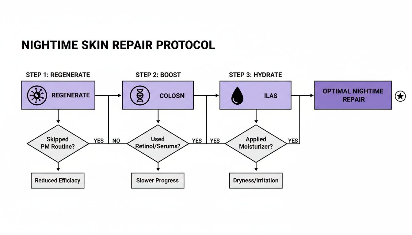 Flowchart illustrating a nighttime skin repair protocol with steps for regenerating, boosting, and hydrating.