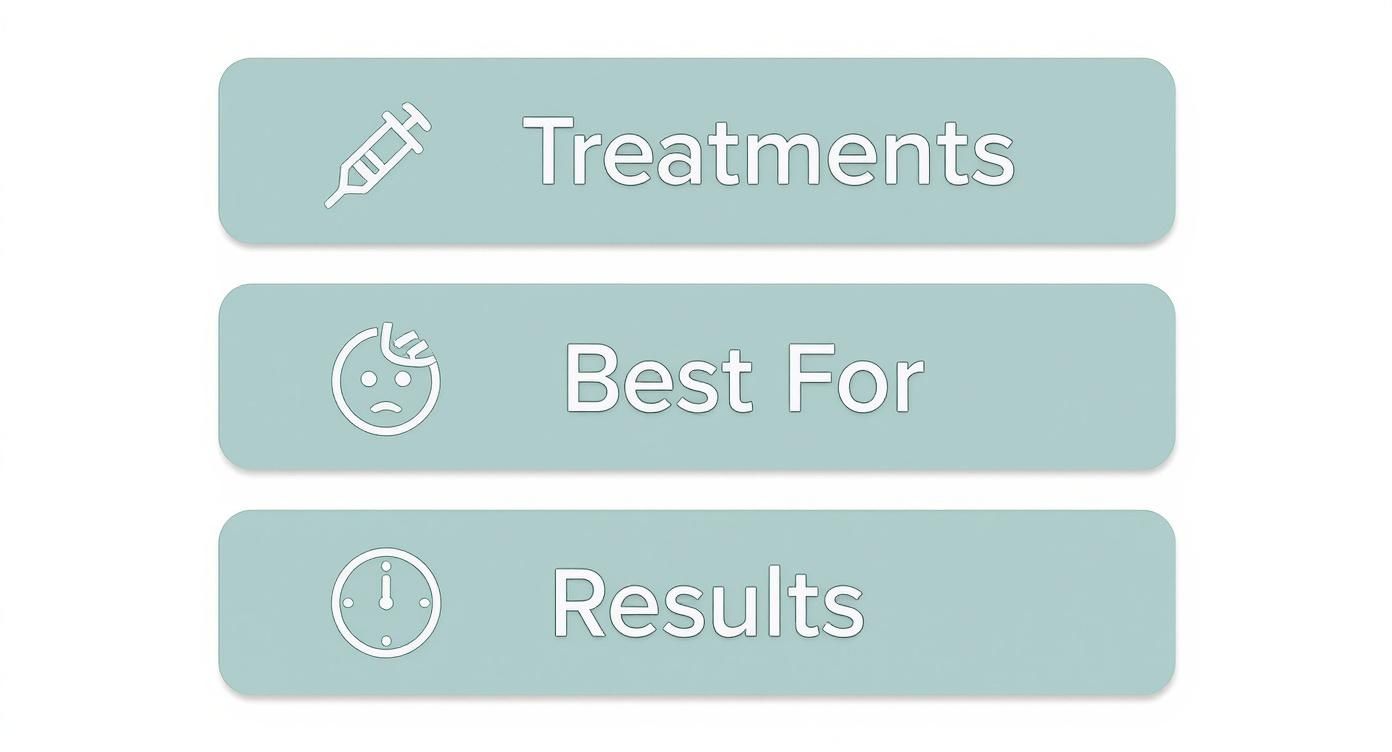 Three sections showing treatments, best for, and results for anti-wrinkle procedures with medical icons